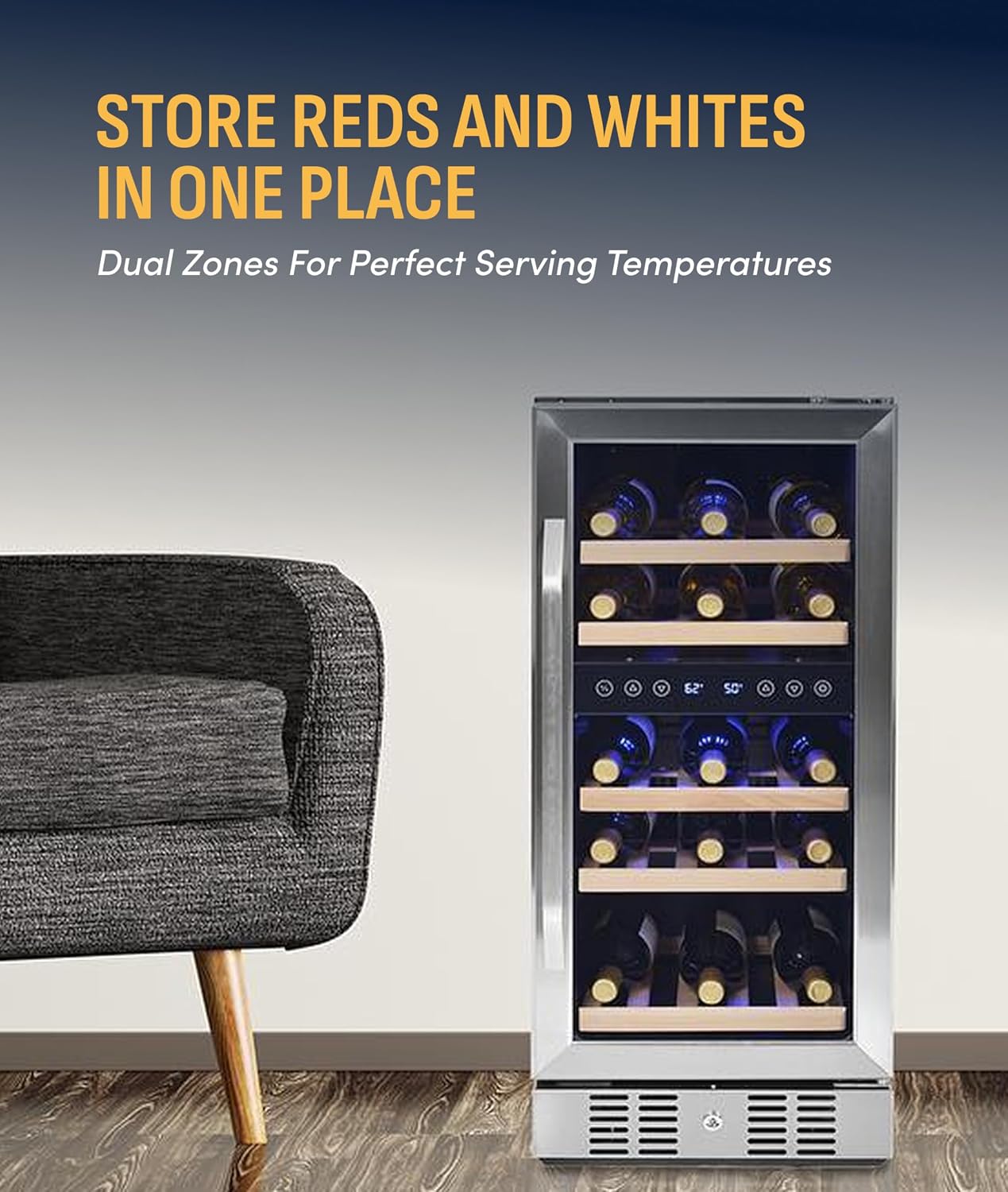 NewAir 15' Dual Zone Wine Fridge for 29 Bottles | Built-In or Freestanding Wine Cooler Refrigerator with Glass Door | Precision Cooling & Wood Shelves for Red and White Wines | Stainless Steel