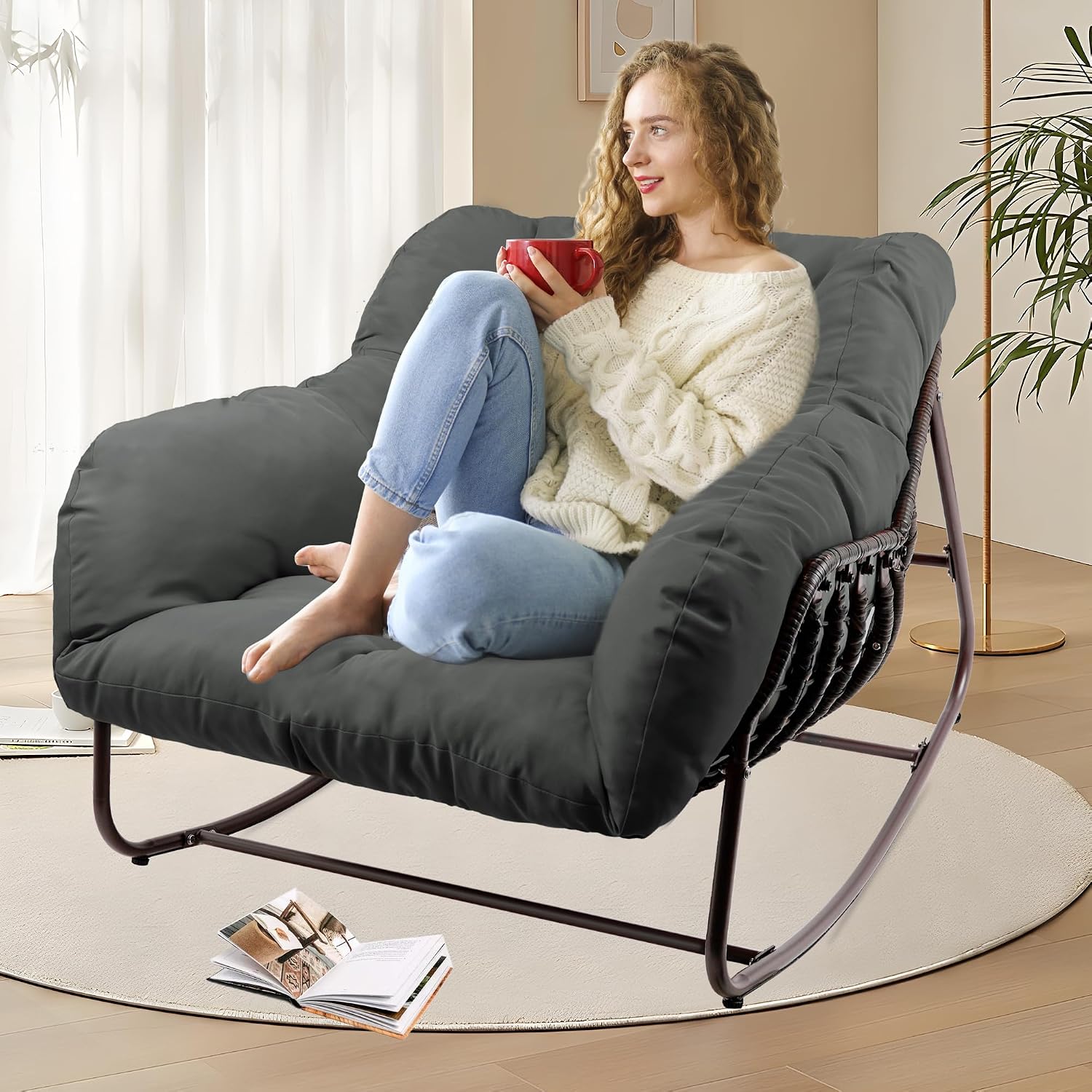 Papasan Rocking Chair Indoor & Outdoor, Oversized Patio Rocking Chairs with Padded Cushion& Pillow-Comfortable Rocker Egg Chair for Front Porch, Garden, Patio, Backyard,Grey,1PC