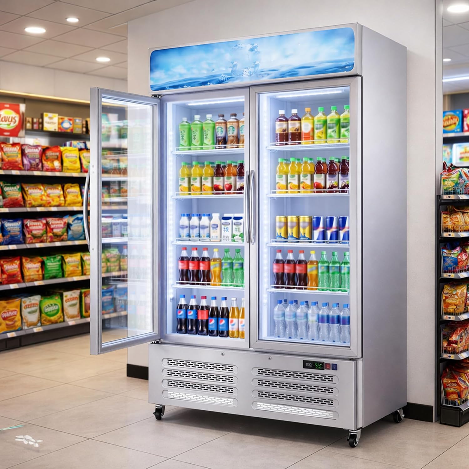 GAOMON Commercial Merchandiser Refrigerator - 25.3 Cu Ft Beverage Cooler with Glass Doors, LED Lightbox & Universal Casters for Convenience Stores, Bars, White