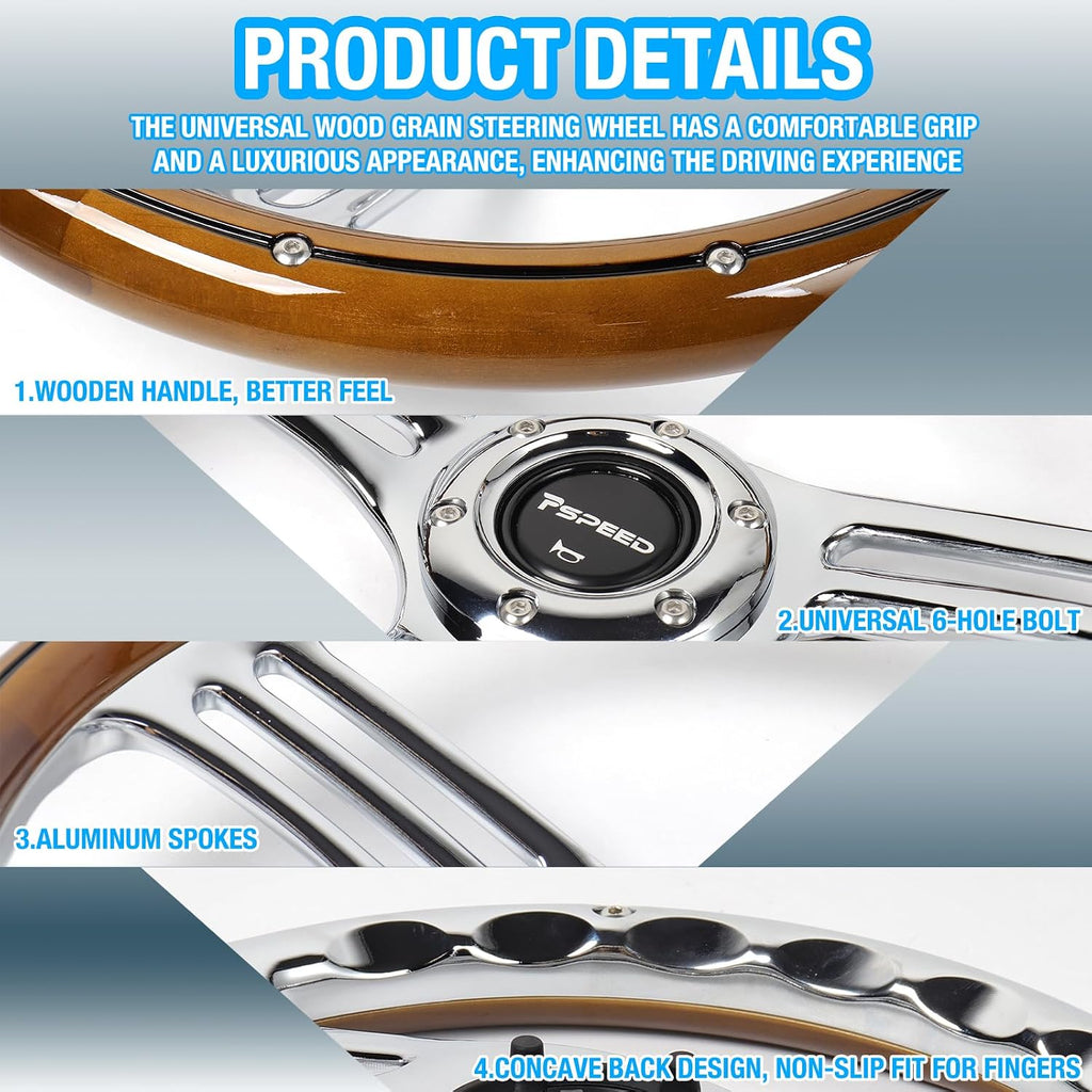 14 inch Solid Wood Steering Wheel,6 Bolt Hole 3 Spoke Chrome-Plated Aluminum Alloy Real Wood Grip Horn Button 70MM Deep Dish Fit for Cars,Racing,Vintage Car,350mm Classic Car steering wheel