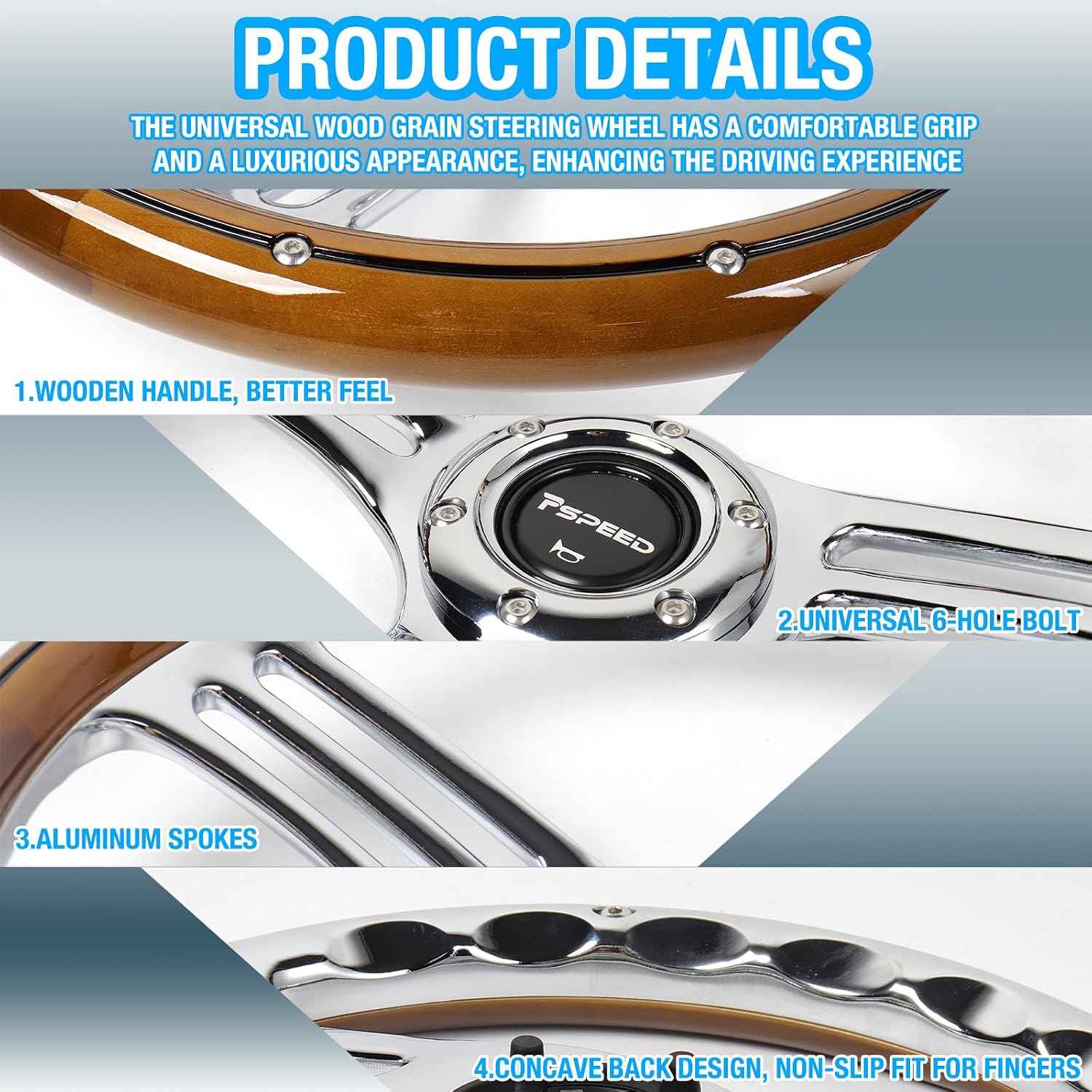 14 inch Solid Wood Steering Wheel,6 Bolt Hole 3 Spoke Chrome-Plated Aluminum Alloy Real Wood Grip Horn Button 70MM Deep Dish Fit for Cars,Racing,Vintage Car,350mm Classic Car steering wheel