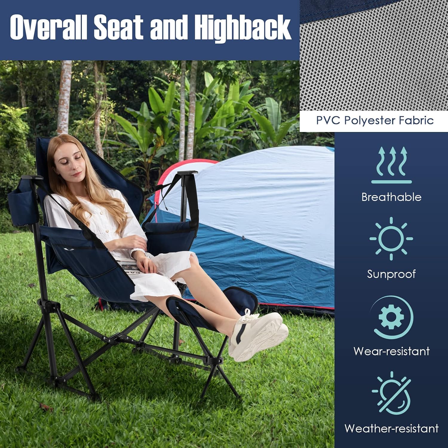 Giantex Outdoor Hammock Camping Chair - Rocking Chair with Removable Footrest, Adjustable Backrest, Pillow, Cup Holder, Storage Bag, Portable Fishing Chair for Poolside Patio Folding Chair (2, Navy)