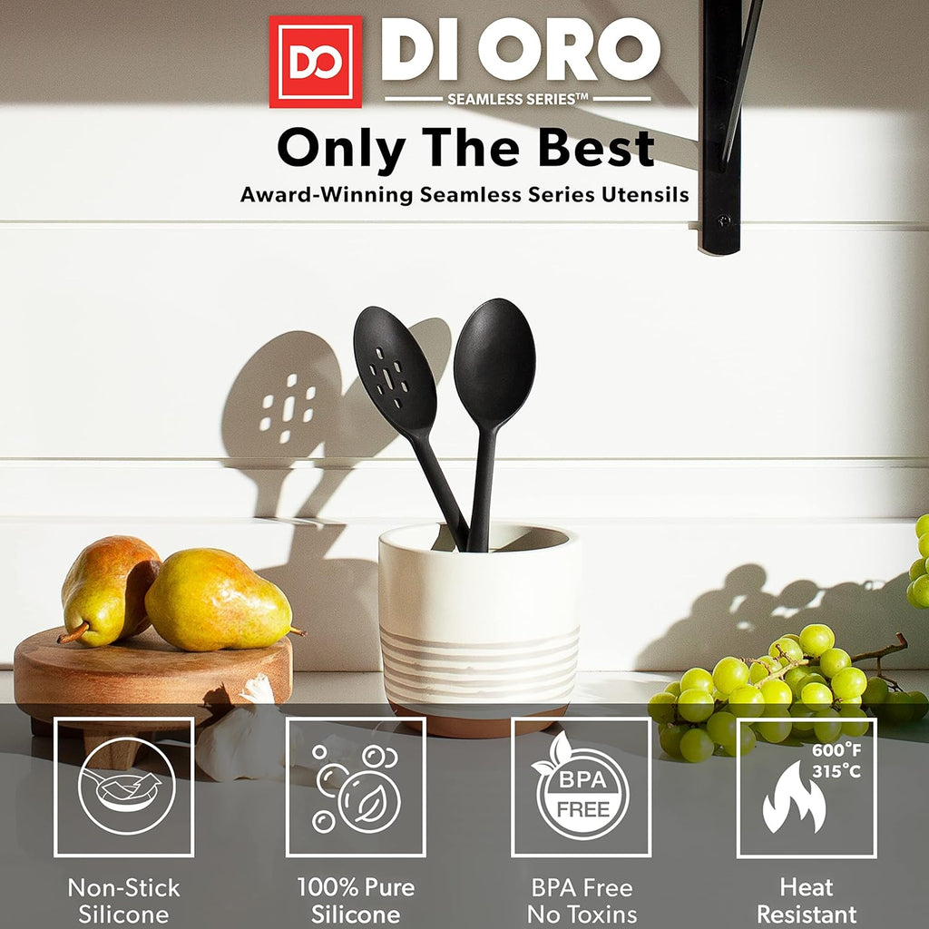 DI ORO 11-Piece Silicone Kitchen Set - 600°F Nonstick Heat-Resistant Utensils - 3 Turners, 5 Seamless Spatulas, 2 Spoons, 1 Ladle - Tools for Cooking & Baking - Dishwasher Safe, Easy to Clean (Black)