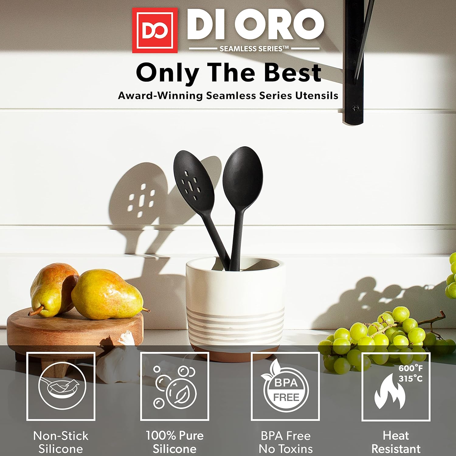 DI ORO 11-Piece Silicone Kitchen Set - 600°F Nonstick Heat-Resistant Utensils - 3 Turners, 5 Seamless Spatulas, 2 Spoons, 1 Ladle - Tools for Cooking & Baking - Dishwasher Safe, Easy to Clean (Black)