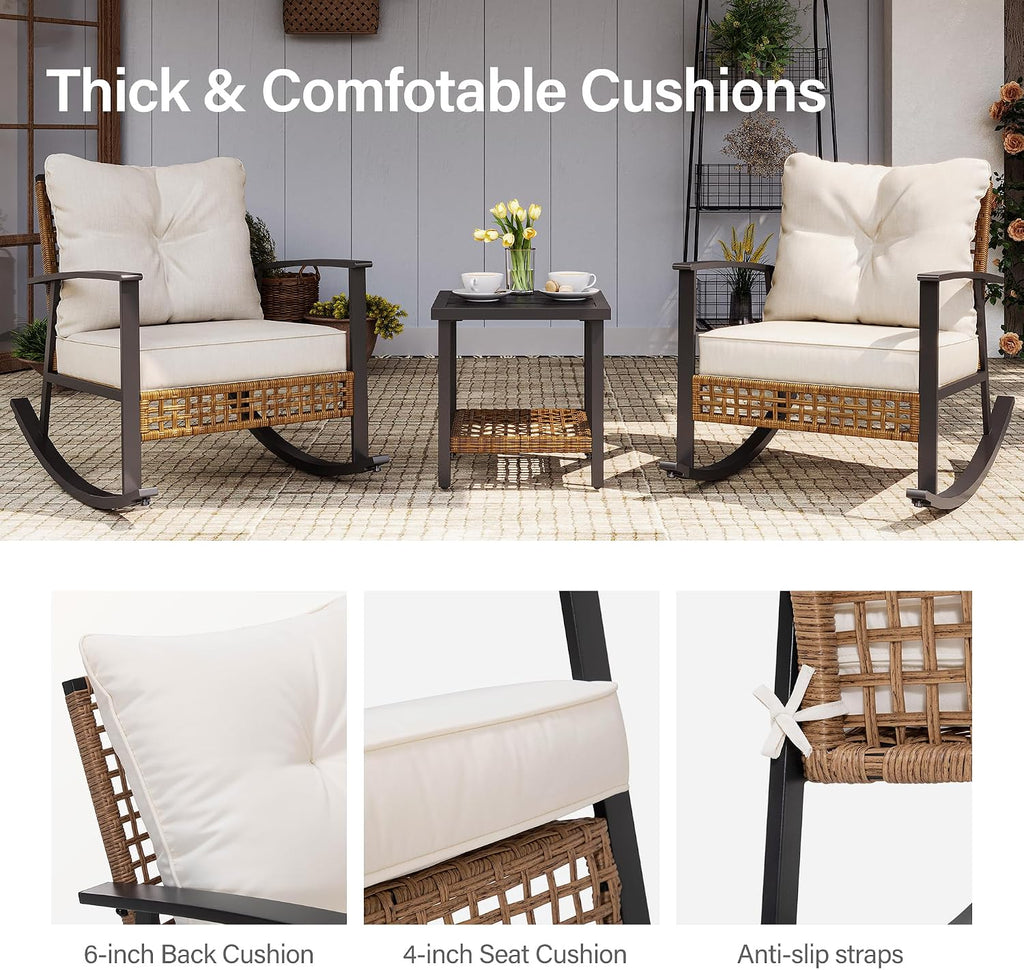 LAUSAINT HOME Wicker Rocking Chair Set of 2, Oversized Patio Chair Comfy Rocker Chair with Thick Cushion, Modern Cozy Lounge Chair for Living Room,Bedroom(Beige)