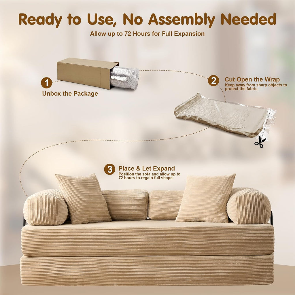 81″ Convertible Sleeper Sofa Bed with Pillows, Corduroy Foldable Mattress Couch with Fixed-Shape Frame, Futon Sofa Bed, Boneless Couch for Living Room Bedroom Lounge Studio, Beige