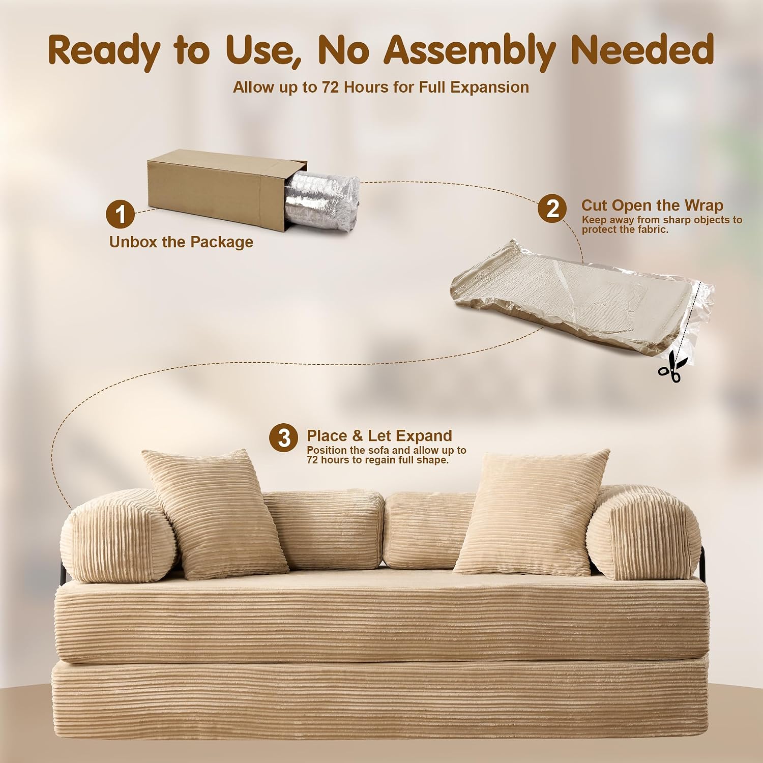 81″ Convertible Sleeper Sofa Bed with Pillows, Corduroy Foldable Mattress Couch with Fixed-Shape Frame, Futon Sofa Bed, Boneless Couch for Living Room Bedroom Lounge Studio, Beige