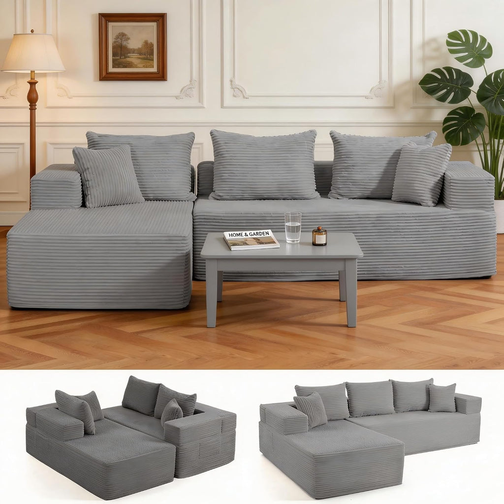 105'' Cloud Sectional Couch, Modular L-Shaped Boneless Sectional Sofa, Corduroy Deep Seat Couch, Small Space Sofas for Living Room Bedroom Apartment, No Assembly, Grey