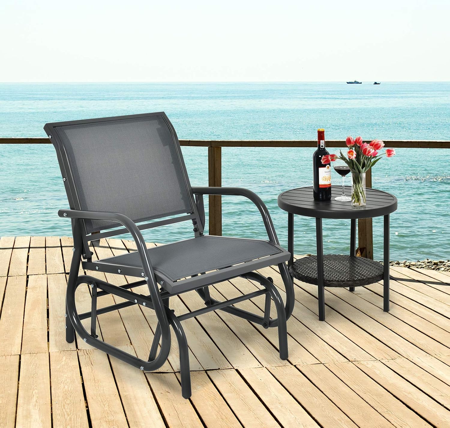 Giantex Swing Glider Chair W/Study Metal Frame Comfortable Patio Chair Love-Seat for Garden, Porch, Backyard, Poolside, Lawn Outdoor Rocking Chair (2, Gray)