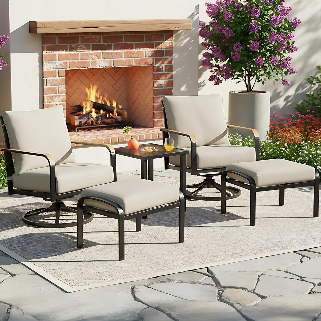 NATURAL EXPRESSIONS Patio Furniture Set,Outdoor Patio Chairs with 2 Swivel Glider Rocking Chairs,5 Piece Outdoor Conversation Set with Ottomans,All Weather Sturdy Frame,6' Cushions for Garden,Yard