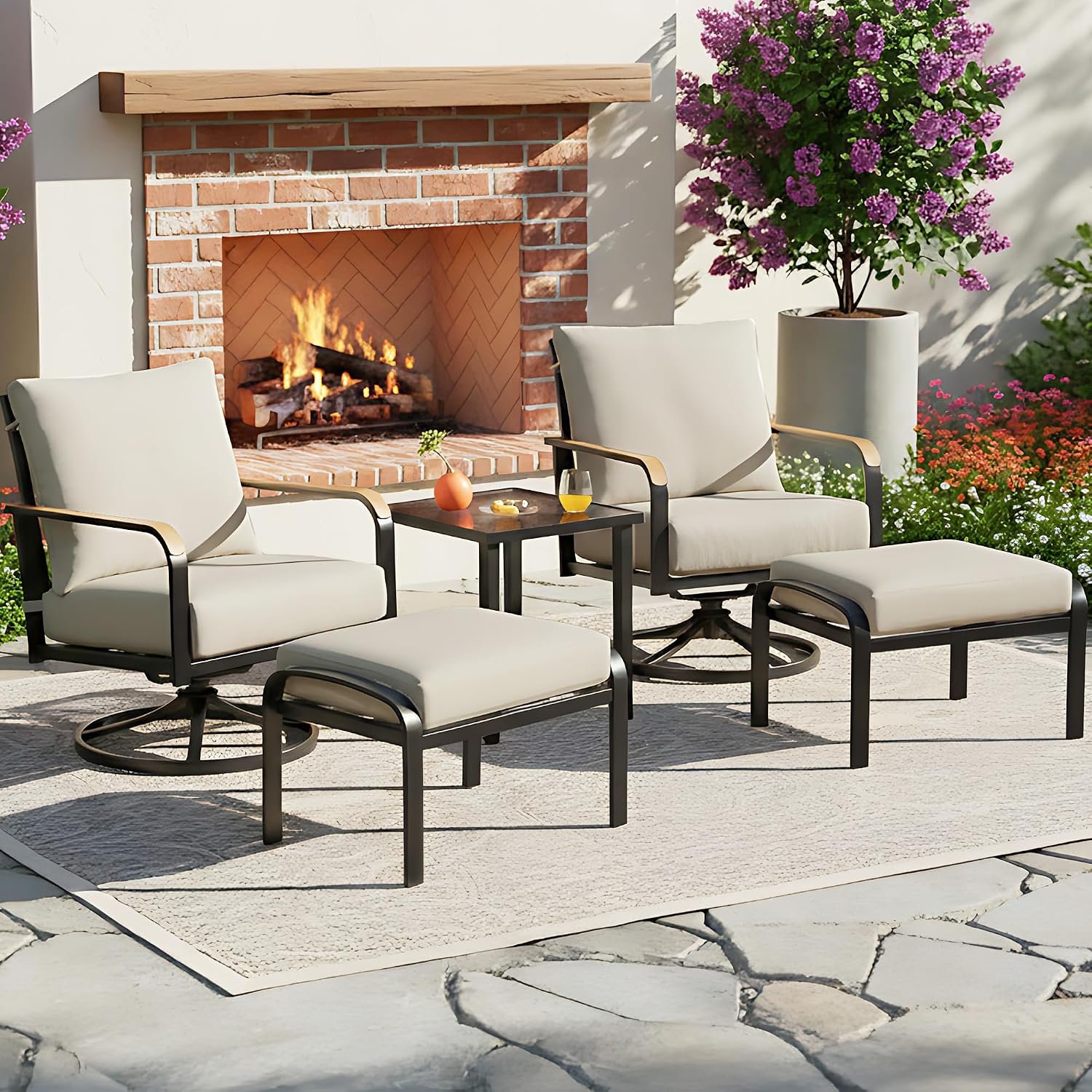 NATURAL EXPRESSIONS Patio Furniture Set,Outdoor Patio Chairs with 2 Swivel Glider Rocking Chairs,5 Piece Outdoor Conversation Set with Ottomans,All Weather Sturdy Frame,6' Cushions for Garden,Yard