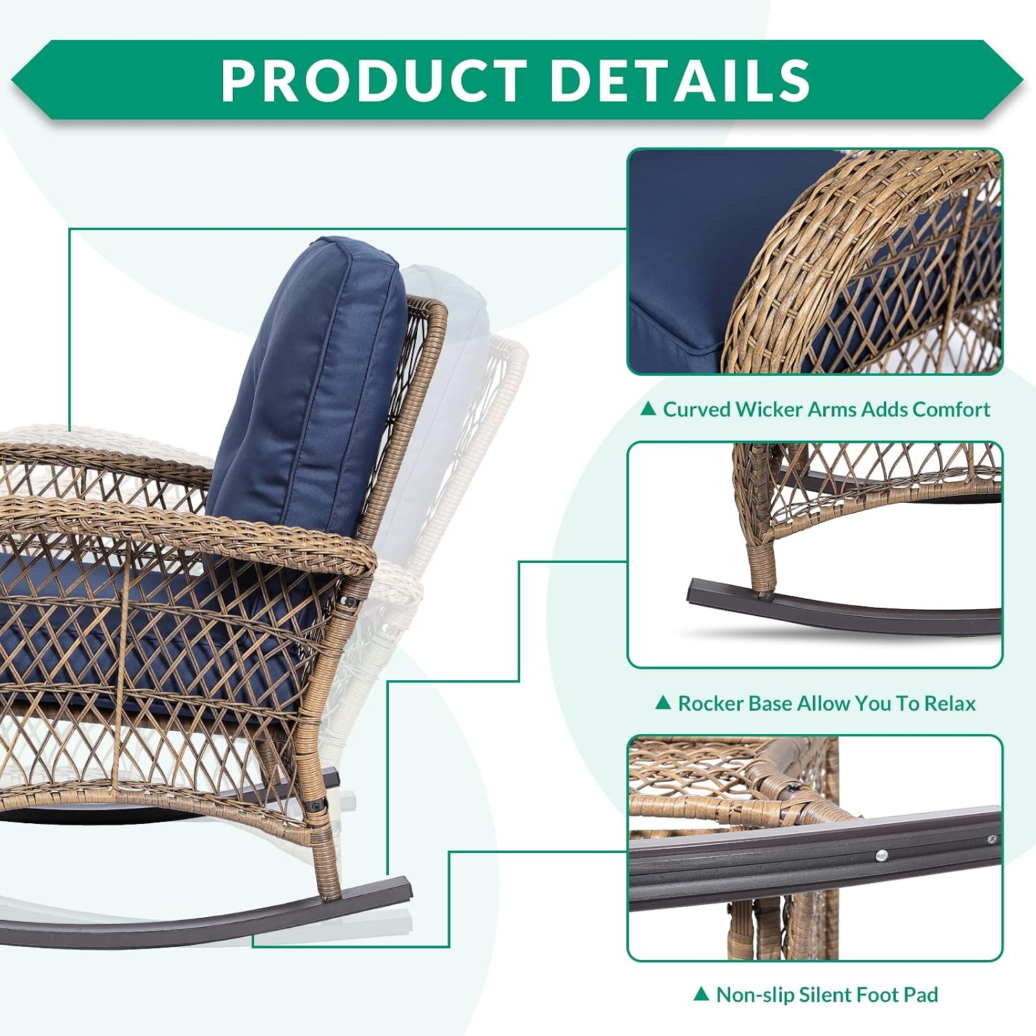 VIVIJASON 3-Piece Outdoor Conversation Bistro Set, Patio Wicker Rocking Chairs Rattan Furniture Sets w/ 2 Rattan Chairs, Cushions, Glass Top Side Table for Garden Porch Backyard (Navy Blue)
