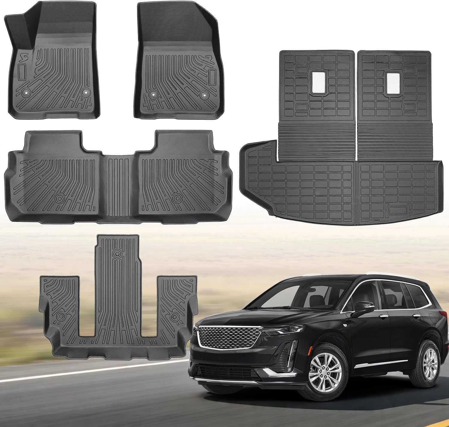 Floor Mats & Cargo Liner for 2020-2026 Cadillac XT6 6 Seats, All Weather TPE Floor Liners Custom Fit Cadillac XT6 Heavy Duty Car Mats 3 Row & Trunk with Backrest Mat Accessories Odorless Anti Slip