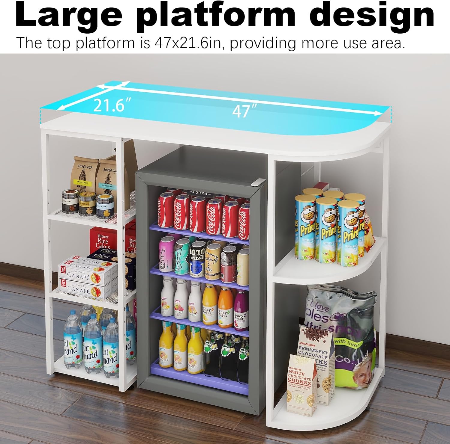 PUNCIA Mini Fridge Stand with Power Outlet, Coffee Bar Cabinet with Refrigerator Space, Microwave Oven Stand & Utility Storage Shelf for Kitchen, Dorm, Apartment & Break Room (White)