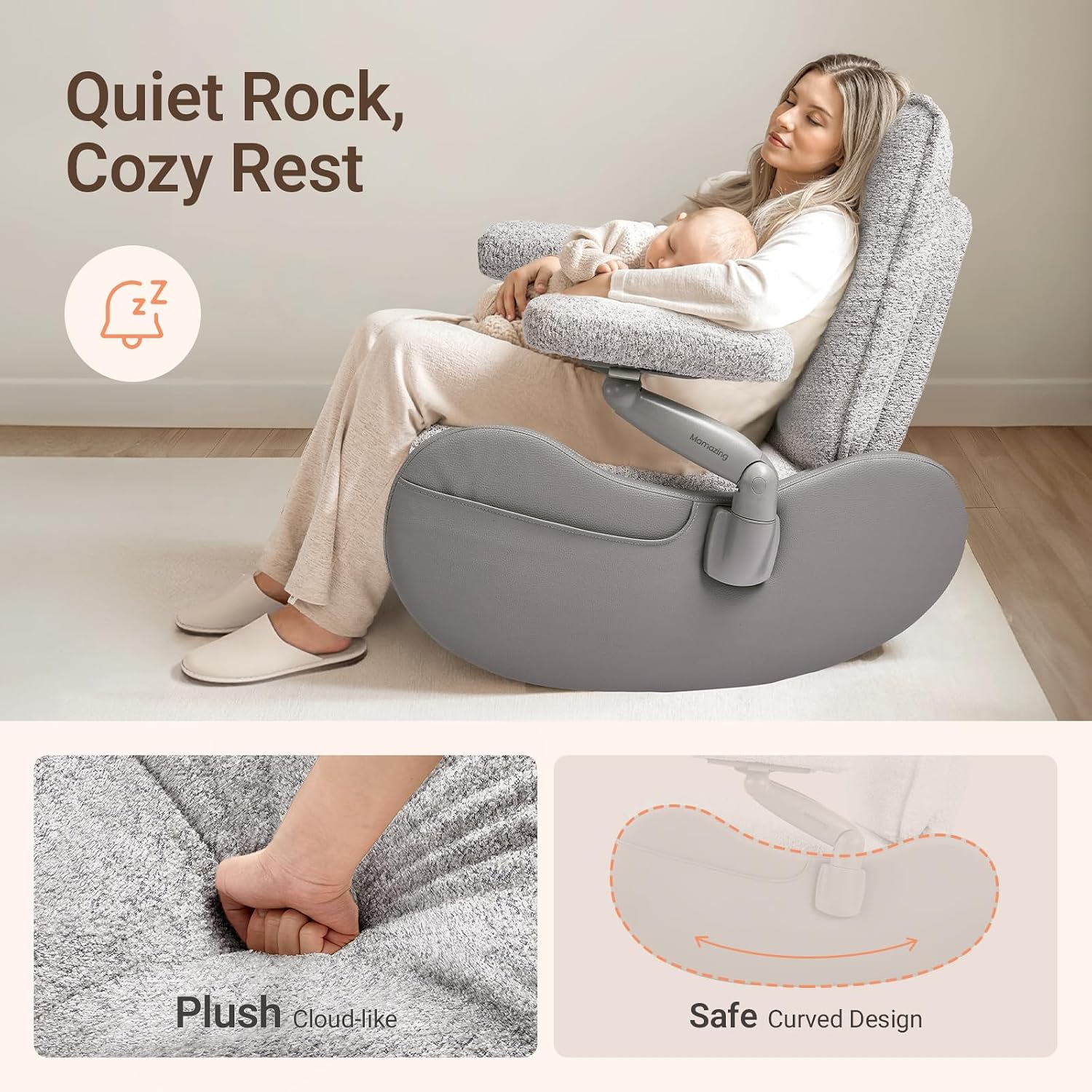 MAMAZING Lullabud Nursery Rocking Chair Glider with Ottoman for Breastfeeding, Upholstered Nursing Chair with Removable Cover, Reading Chair for Bedroom, Living Room(Grey/Grey)
