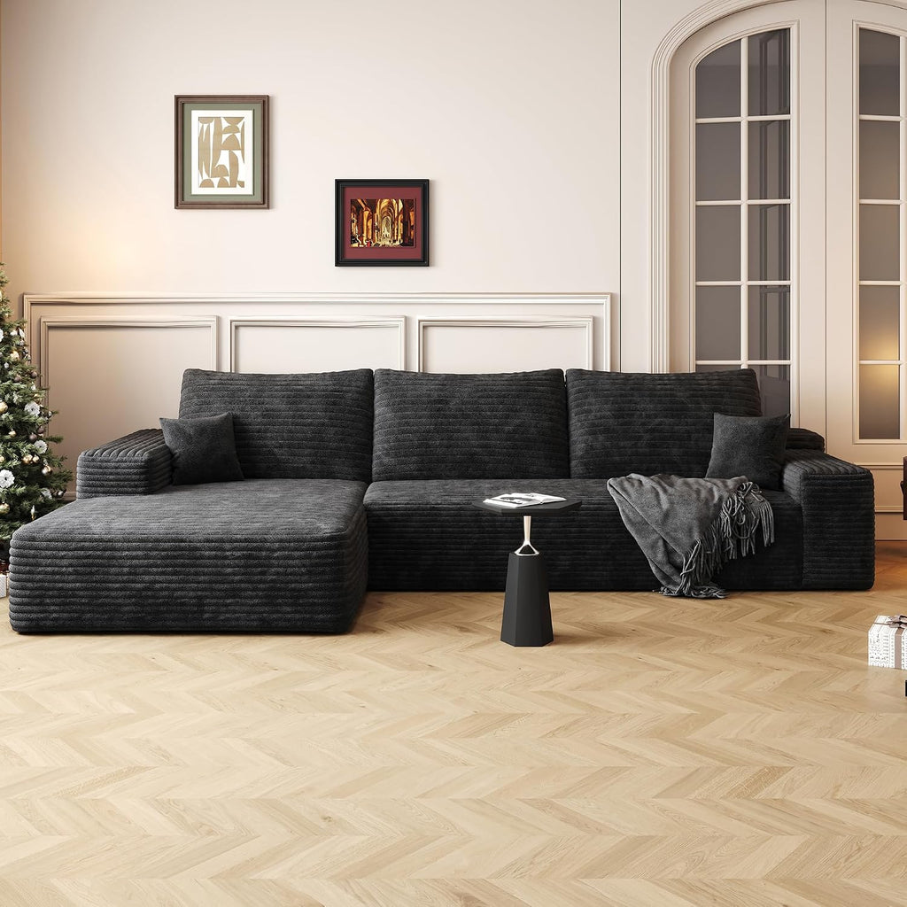 Ball & Cast 107' Cloud Sectional Couch with L-Shape Chaise,Plush Corduroy Boneless Modular Sofa with Deep Seat,Upholstered Couches for Living Room Bedroom,No Assembly Required,Black(Left Facing)
