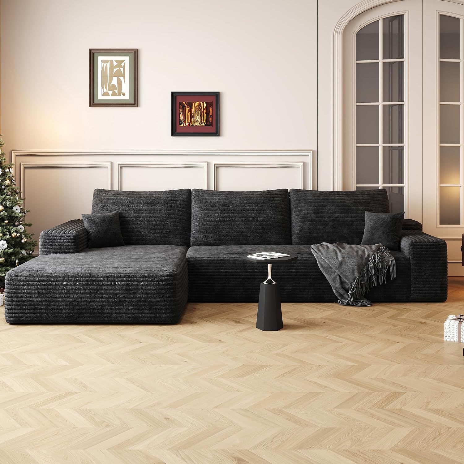 Ball & Cast 107' Cloud Sectional Couch with L-Shape Chaise,Plush Corduroy Boneless Modular Sofa with Deep Seat,Upholstered Couches for Living Room Bedroom,No Assembly Required,Black(Left Facing)