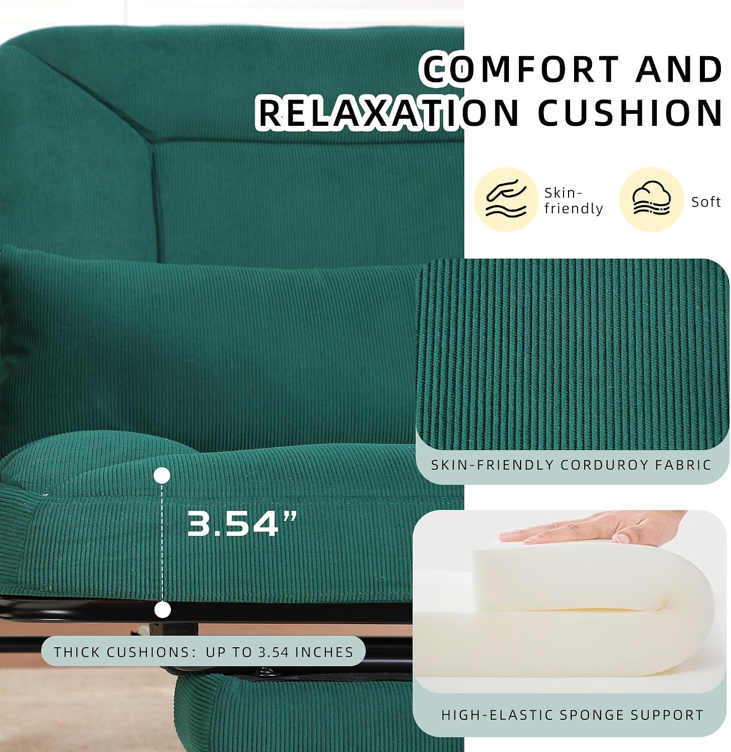 Oversized Rocking Chair, Extra-Wide Glider Patio Rocker Chairs with Foot Rest, Padded Cushion, Adjustable Backrest, Mental Wooden Farm, Indoor/Outdoor Living Room Bedroom Balcony Porch, Green