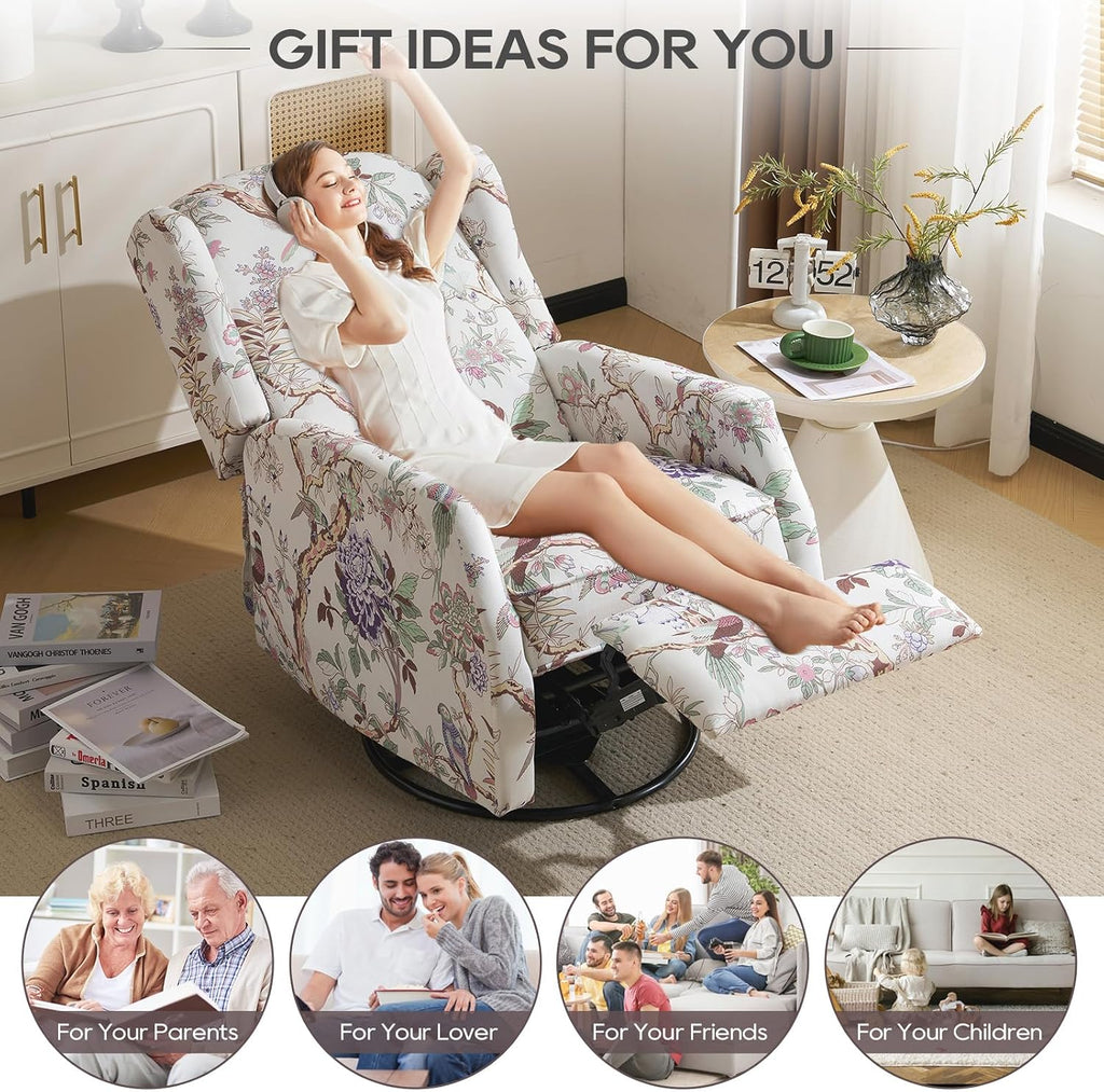 Floral Accent Swivel Rocker Recliner, Wingback Recliner Chair with Padded Seat, High Back Upholstered Armchair for Living Room, Bedroom, Home Ofiice (Bird Floral x 2)