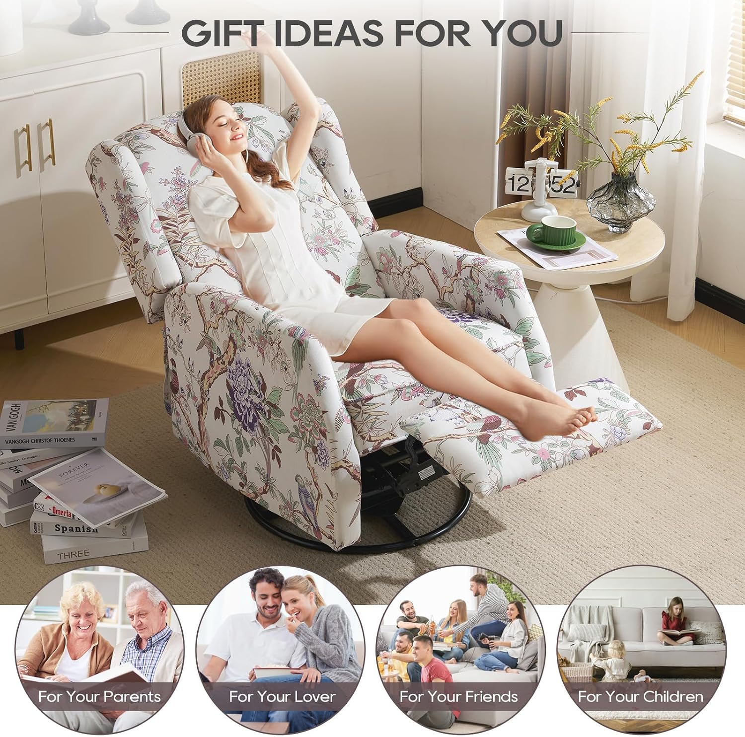 Floral Accent Swivel Rocker Recliner, Wingback Recliner Chair with Padded Seat, High Back Upholstered Armchair for Living Room, Bedroom, Home Ofiice (Bird Floral x 2)