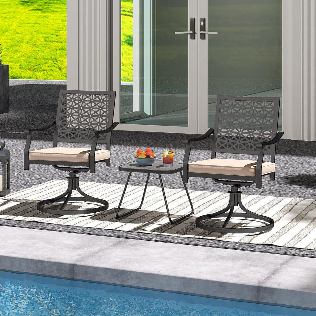 Giantex 2 Pack Swivel Outdoor Chairs, Set of 2 Patio Dining Rocking Chairs with Soft Cushions, Round Steel Base, Porch Garden Backyard Lawn Poolside Beige