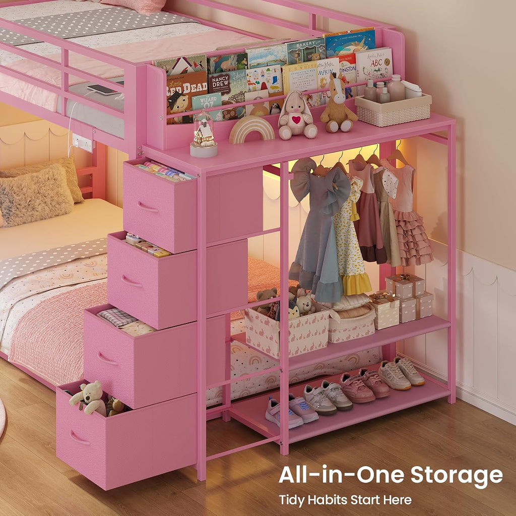 ADORNEVE Low Bunk Bed Twin Over Twin with Bookshelf, 4 Storage Drawers, Metal Kids Bunk Bed with Charging Station & RGB Lights, Clothing Rack & Shelves, Safety Guardrail & Ladder, for Girls, Pink
