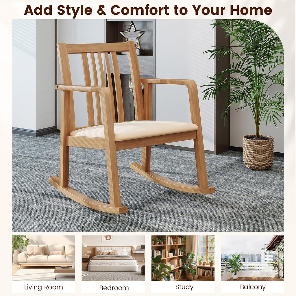 Giantex Rocking Chair with Cushioned Seat, Indoor Solid Rubber Wood Rocker Chair w/Slatted Back & Curved Armrests, Wooden Accent Armchair for Living Room, Bedroom, Study, Porch (2,Natural + Beige)