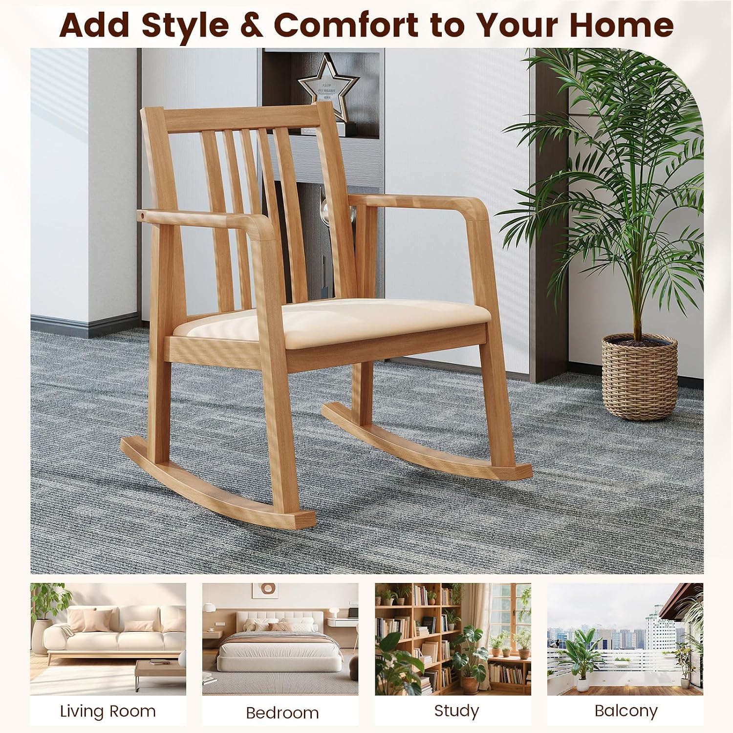 Giantex Rocking Chair with Cushioned Seat, Indoor Solid Rubber Wood Rocker Chair w/Slatted Back & Curved Armrests, Wooden Accent Armchair for Living Room, Bedroom, Study, Porch (2,Natural + Beige)