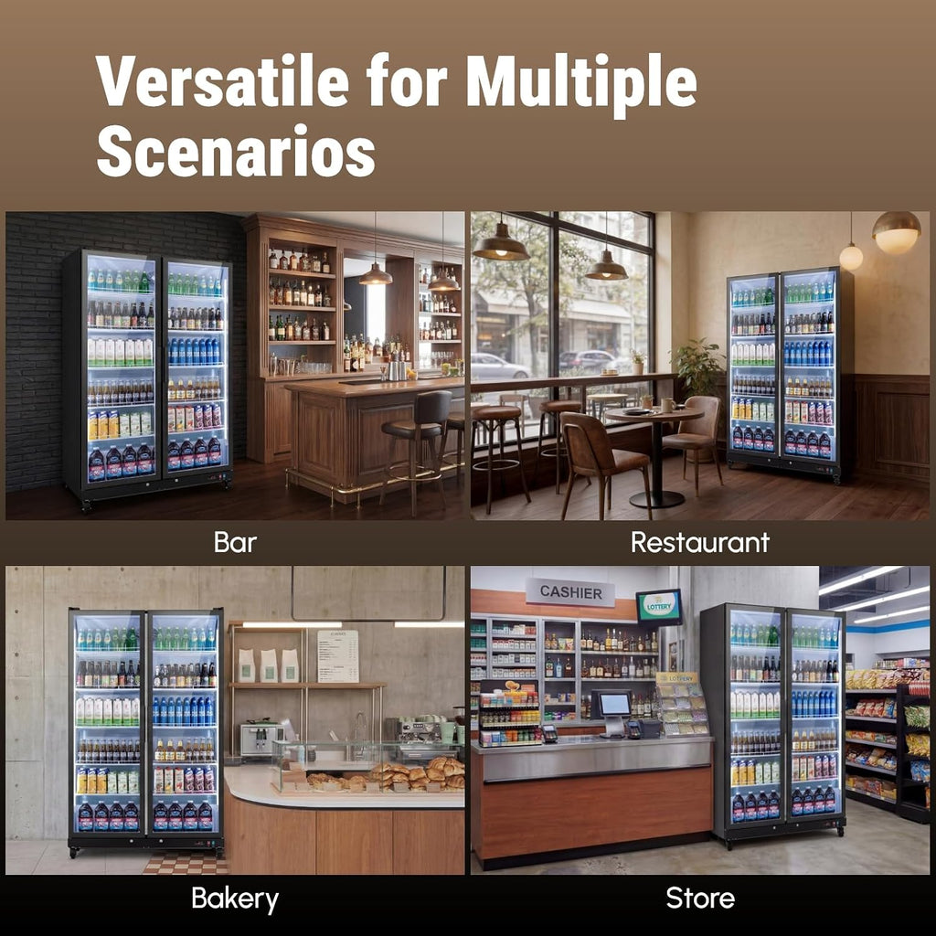Yeego Commercial Refrigerators - 37.8 Cu.Ft 2 Glass Doors Commercial Beverage Refrigerator with Dual LED Light & Adjustable Shelves, 32-50°F Commercial Cooler for Stores Bakery Bar Offices Restaurants