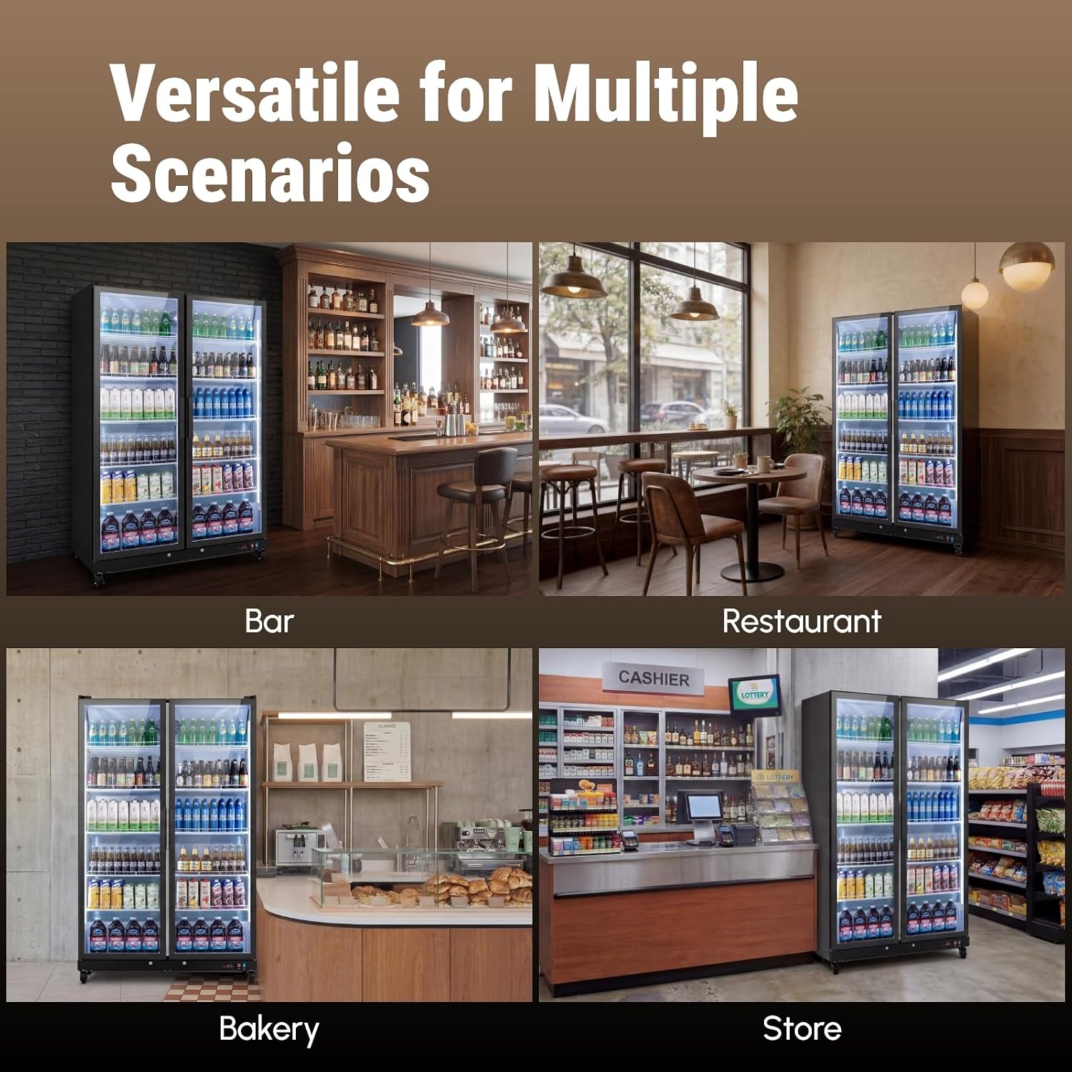 Yeego Commercial Refrigerators - 37.8 Cu.Ft 2 Glass Doors Commercial Beverage Refrigerator with Dual LED Light & Adjustable Shelves, 32-50°F Commercial Cooler for Stores Bakery Bar Offices Restaurants