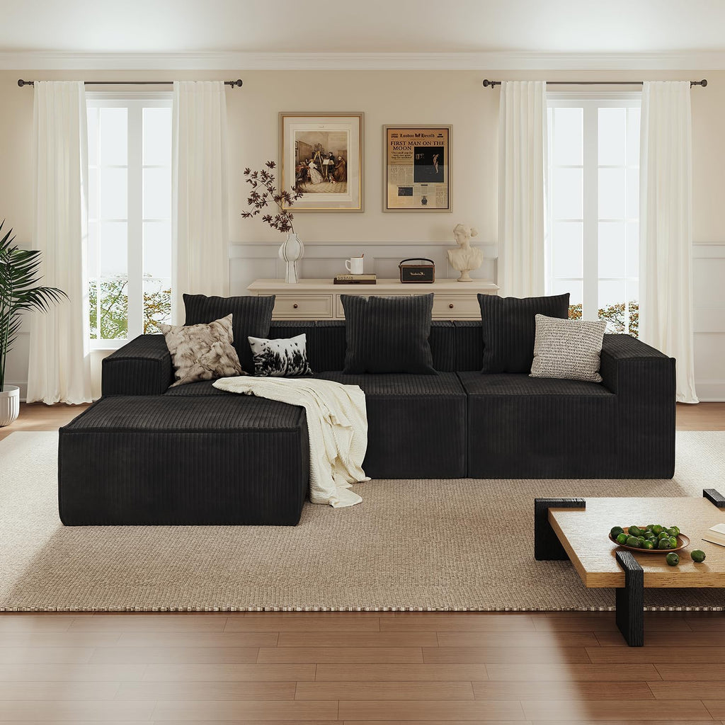 110' Sectional Couches for Living Room, 3 Seat Grey Corduroy Convertible Boneless Couches Sofa Bed with Pillows, Home Sofa Living Room Bedroom, Memory Foam Modular Couch Daybed Lazy Floor Bed