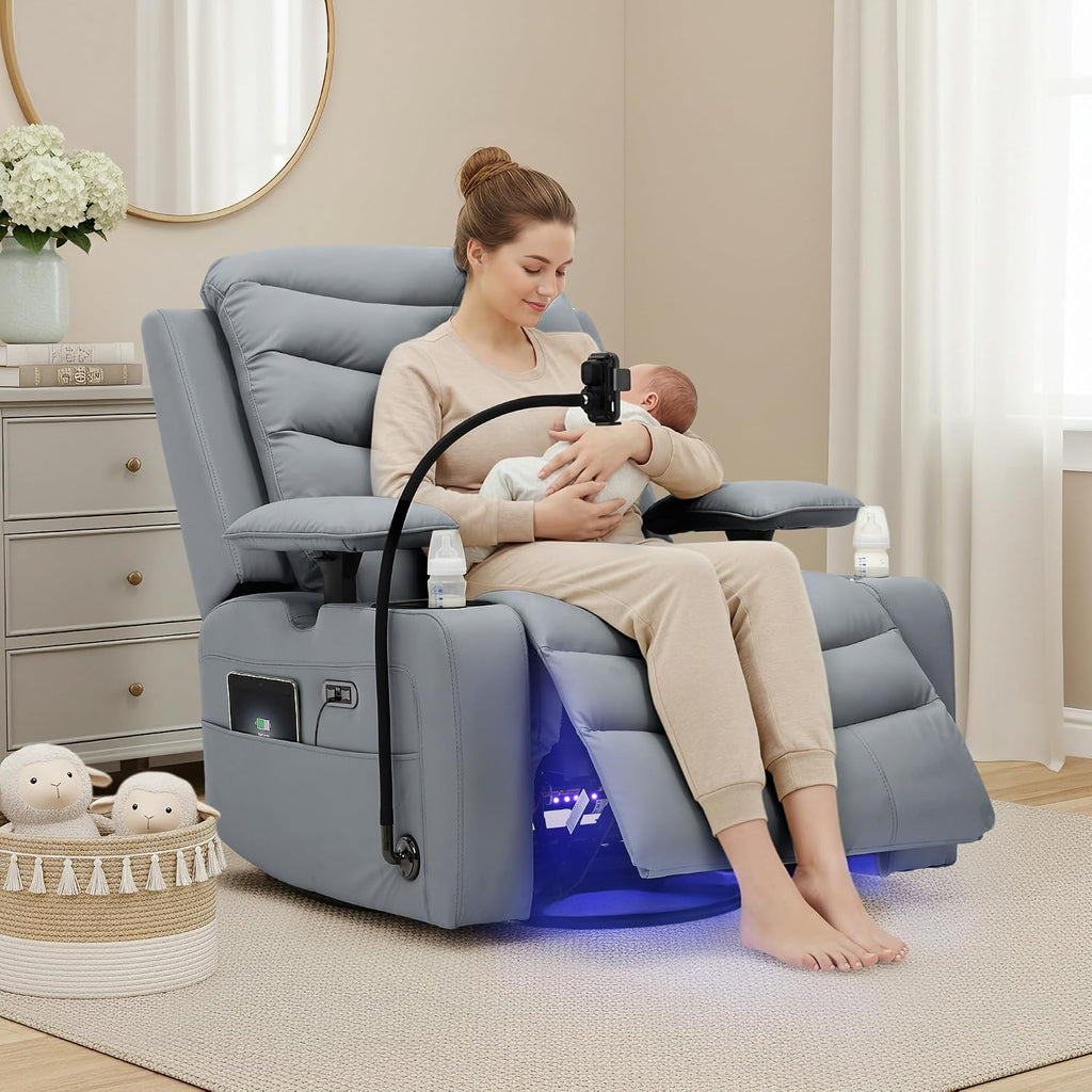 Olela Nursery Glider Recliner Chair - Electric Swivel Rocker with Heated Lumbar, Smart Cup Holder, USB Charging Ports, Blue Grey PU Leather