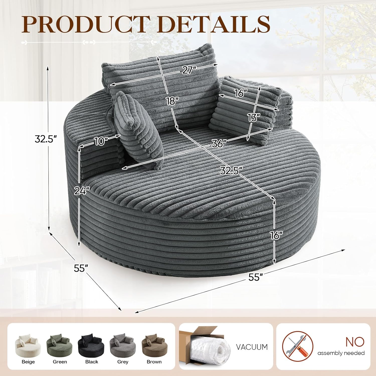 Oversized Round Chaise Longue Chair Indoor, Modern 55-inch Upholstered Corduroy Deep Seat Circle Single Cloud Lounge Floor Sofa Chair for Living Room, Bedroom Apartment, Grey
