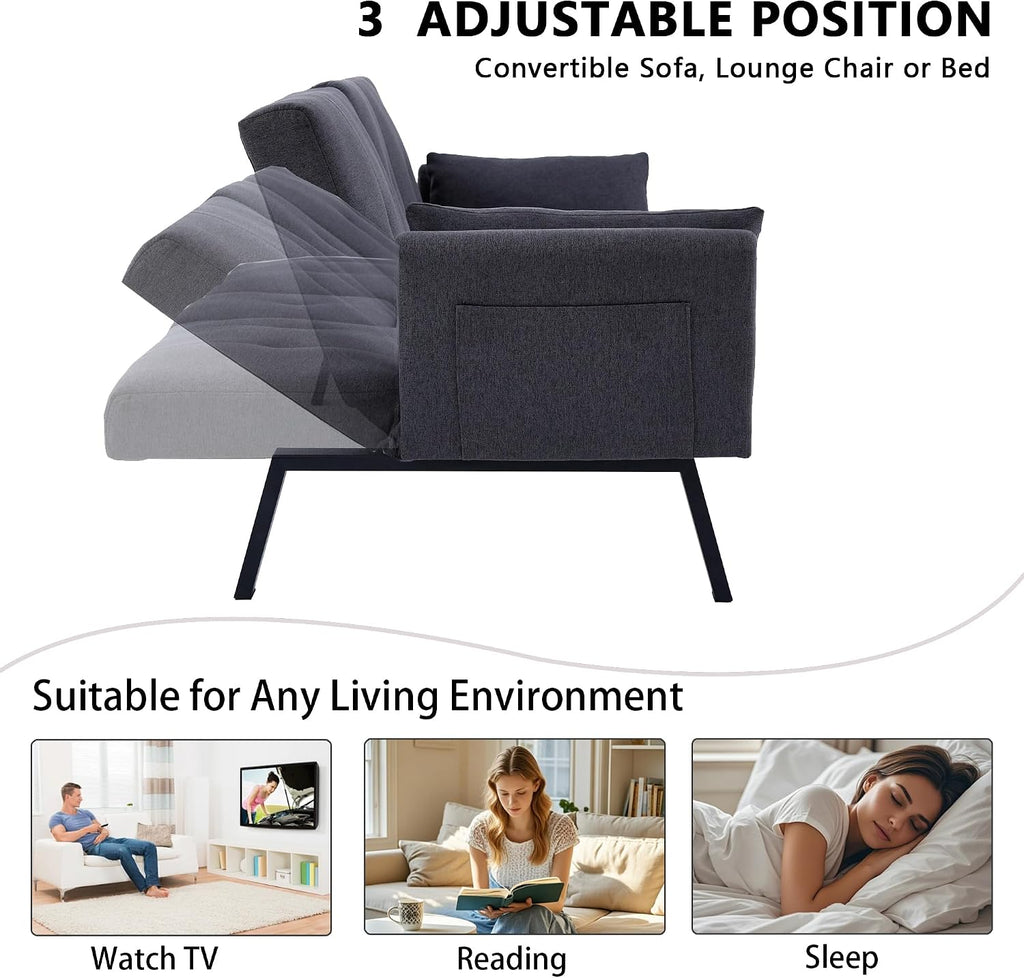 70' Futon Sofa with Cupholders,Adjustable Backrest Cotton Linen with Cup Holders and 2 Throw Pillows Sleeper Sofa for Living Room Apartment Small Space (Dark Grey)