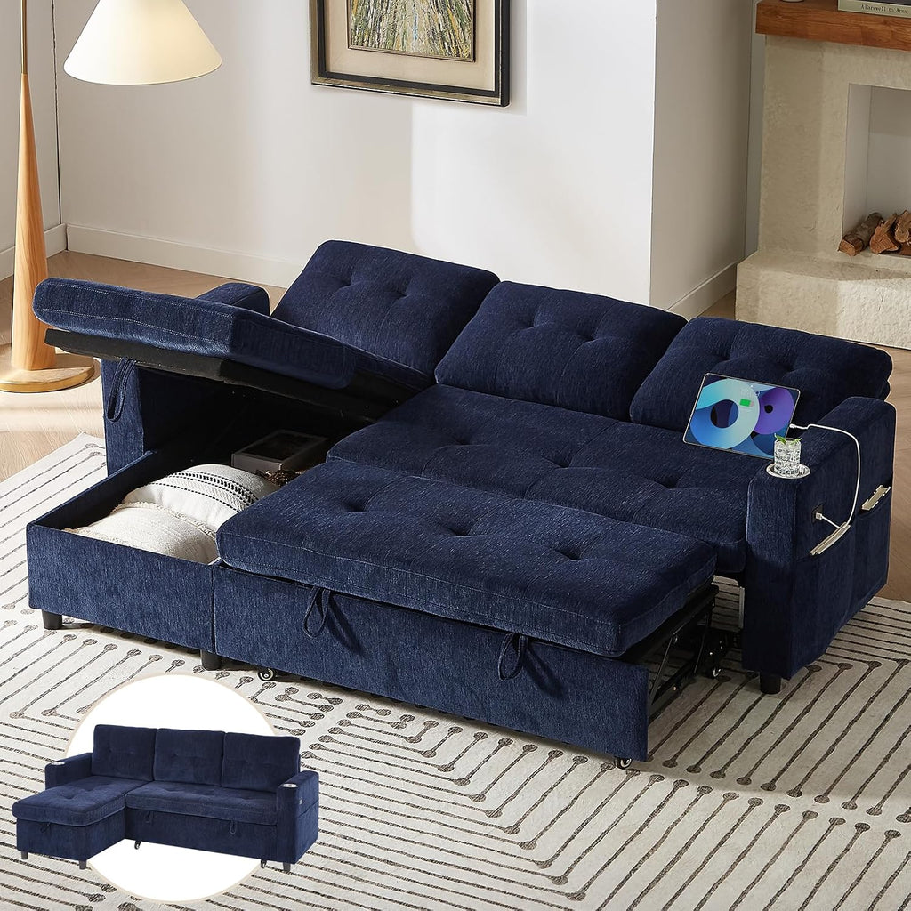 ONBRILL Sleeper Sofa,Pull Out Couch Bed with Storage Chaise,L Shaped Cloud Couch with Adjustable Backrest,Sectional Couches for Living Room,Apartment,Tool-Free Assembly, Chenille,Blue