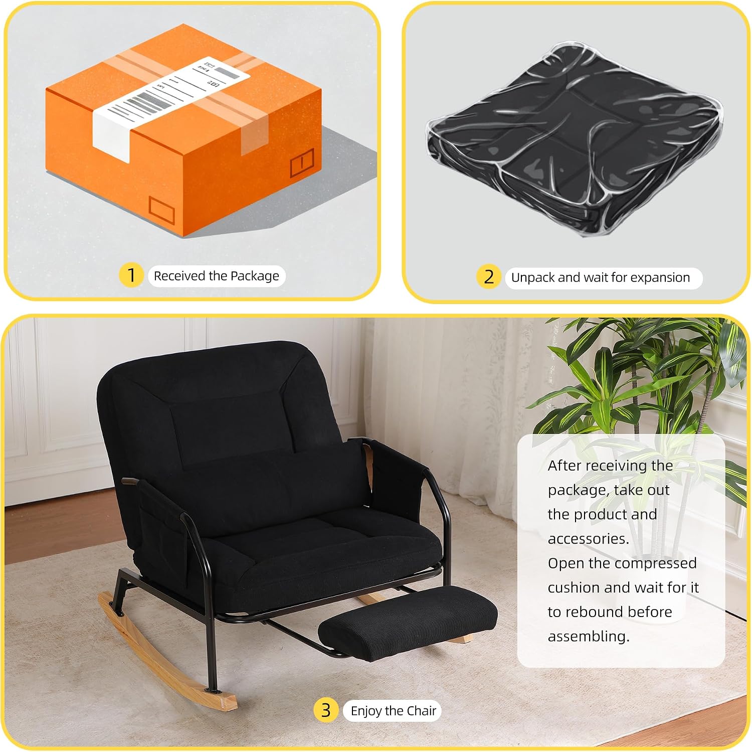 Oversized Rocking Chair, Extra-Wide Glider Patio Rocker Chairs with Foot Rest, Padded Cushion, Adjustable Backrest, Mental Wooden Farm, Indoor/Outdoor Living Room Bedroom Balcony Porch，Black
