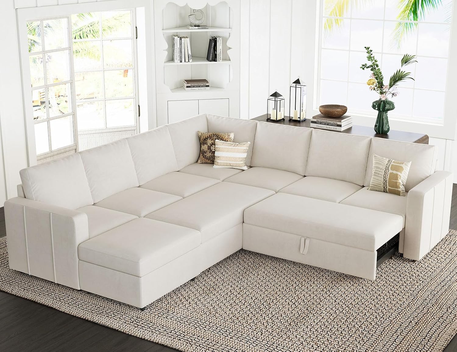 Belffin Modular Sectional Sofa with Sleeper Sofa Couch Pullout Bed, Oversized U Shaped Sleeper Sectional Couch with Storage Seat for Living Room, Beige