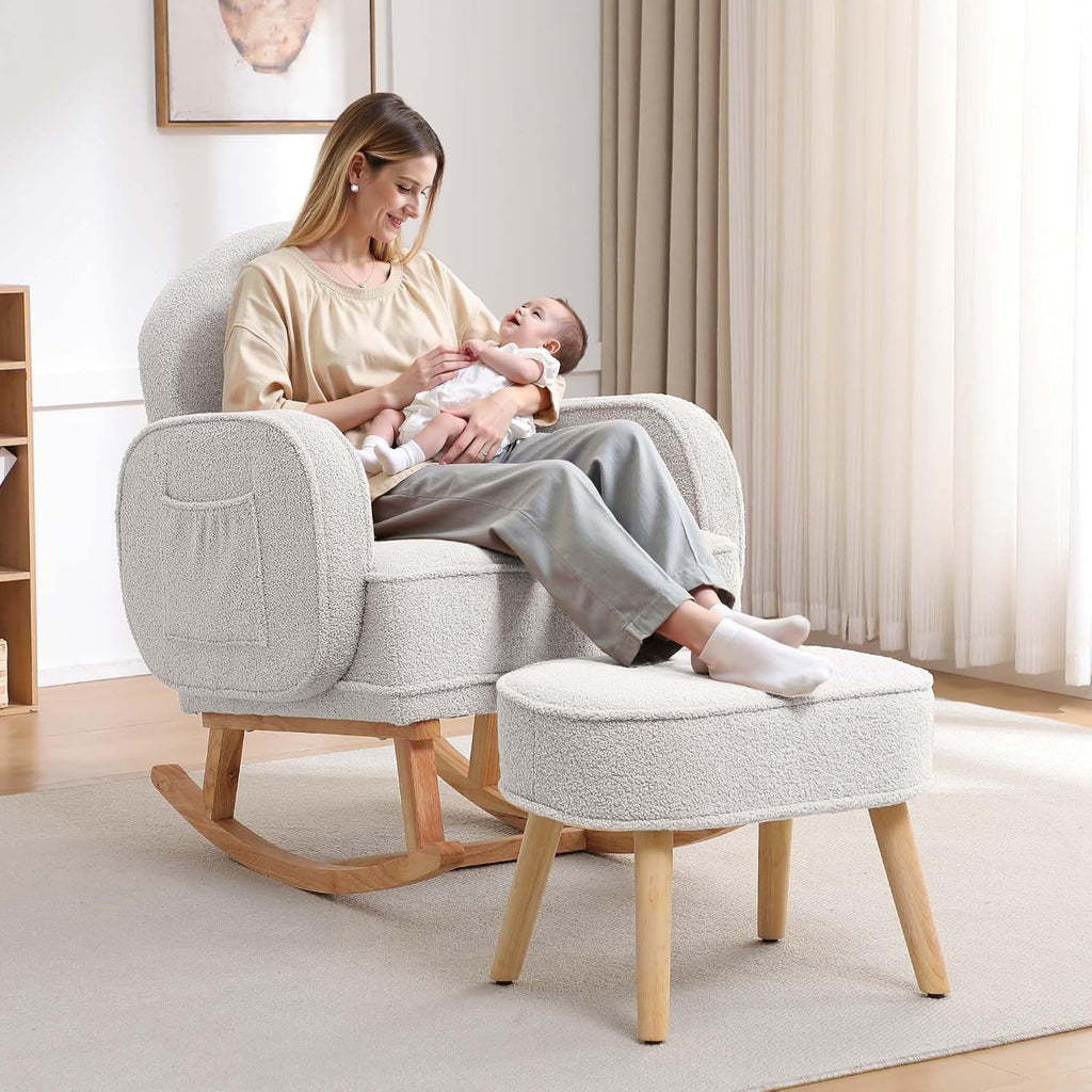 HCHAIRH Rocking Chair Nursery with Ottoman Footrest, Upholstered Glider Rocker with High Backrest and Side Pocket, Rocking Accent Armchair with Solid Wood Legs for Nursery, Living Room, Bedroom White