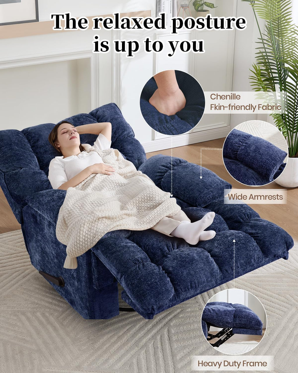 Oversized Manual Recliner Chair with 360° Swivel, Big and Tall Rocker Glider for Nursery Living Room, Chenille Overstuffed Reclining Sofa with Handle, 375lbs (Blue, Manual)