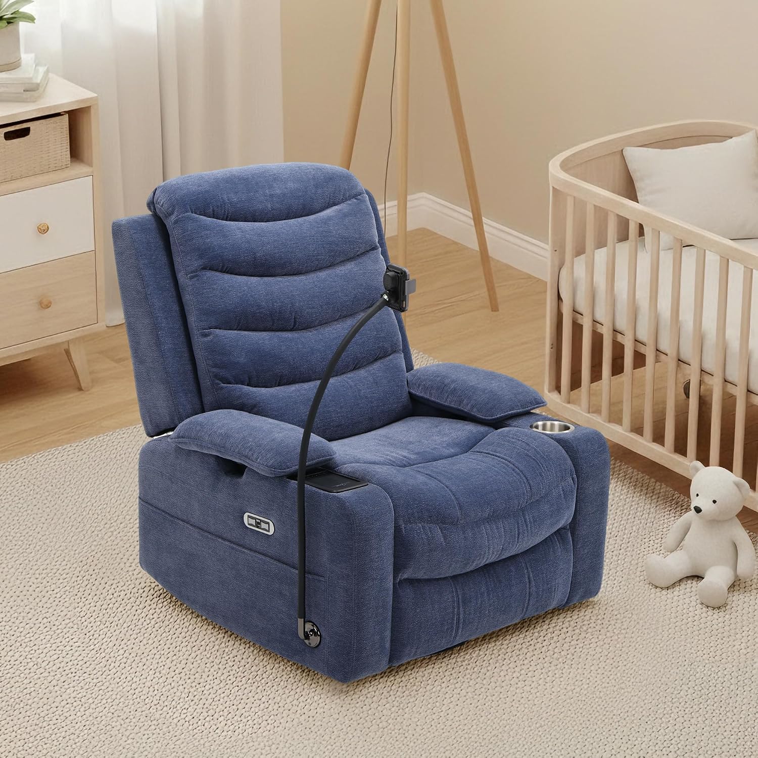 Olela Power Glider Recliner Nursery Chair, Swivel Rocking Chair with Electric Lumbar Support, USB Charging, Smart Cup Holder, Light, Adjustable Armrest, Wireless Phone Charger Holder, Chenille