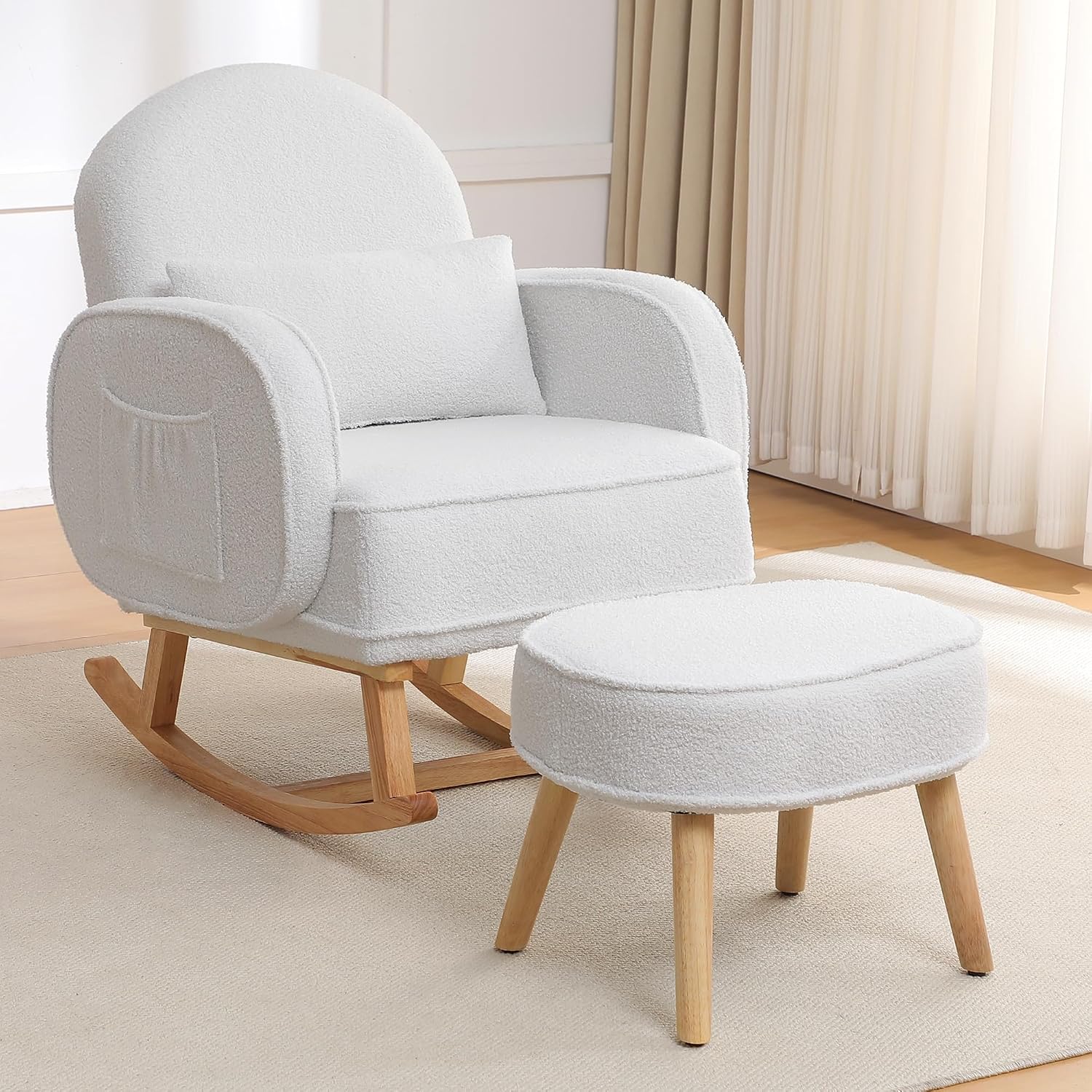 HCHAIRH Rocking Chair Nursery with Ottoman Footrest, Upholstered Glider Rocker with High Backrest and Side Pocket, Rocking Accent Armchair with Solid Wood Legs for Nursery, Living Room, Bedroom White