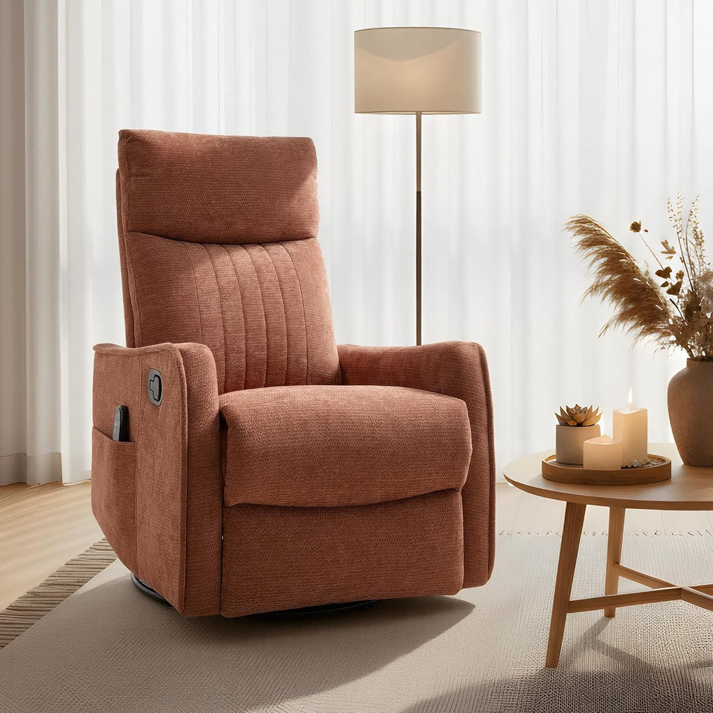 Casaphoria 360° Swivel Rocking Recliner Chair with Heat and Massage Upholstered Fabric Nursery Glider with Side Pocket for Living Room,Bedroom,Home Theater and RV Small Space(Orange)