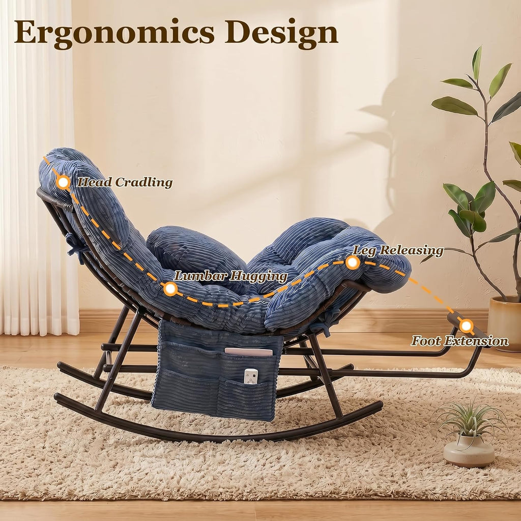 Rocking Chair Indoor & Outdoor, Oversized Patio Papasan Recliner Chair with Footstool Pillow & Side Pocket for Bedroom, Living Room, Garden, Balcony, Lawn (Blue)
