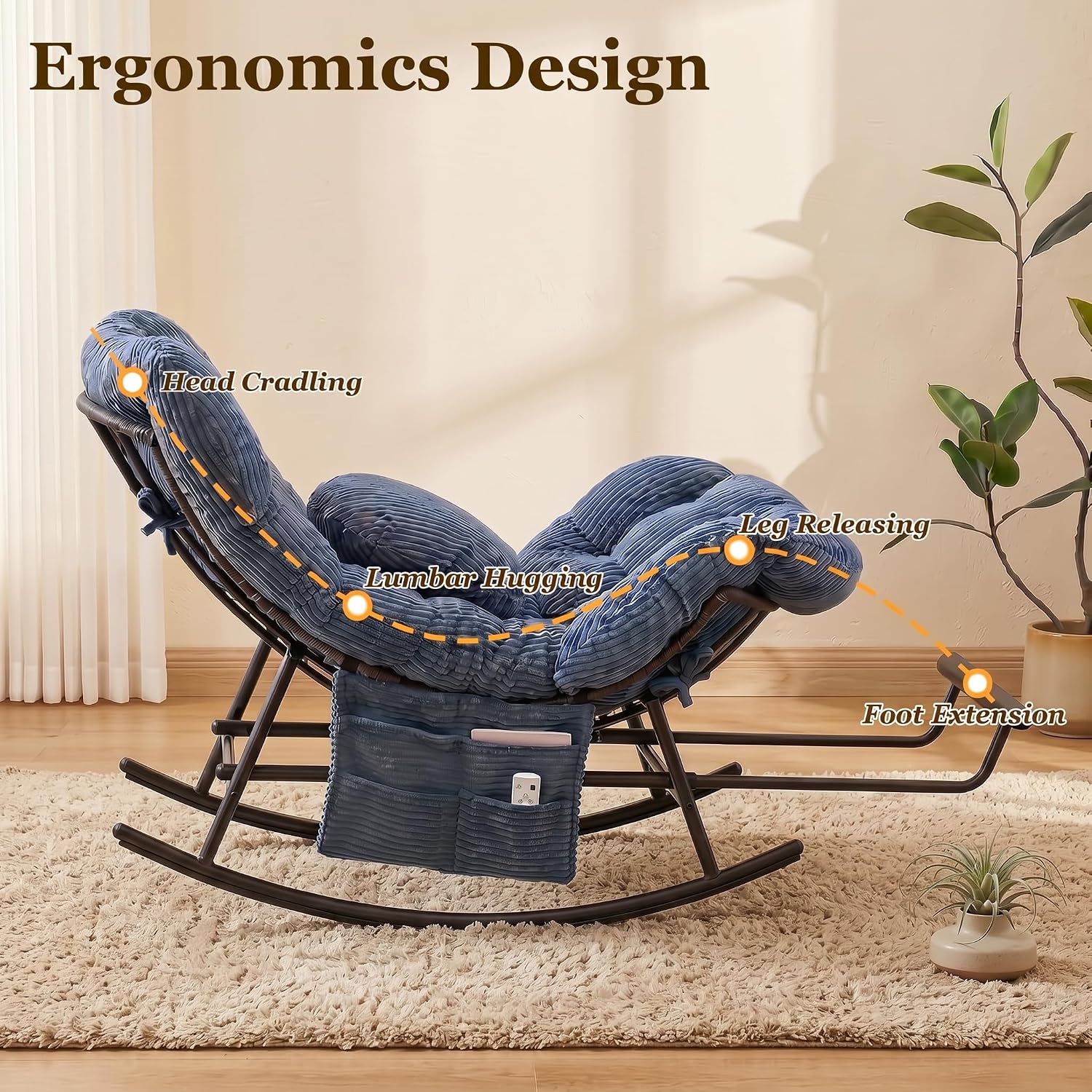 Rocking Chair Indoor & Outdoor, Oversized Patio Papasan Recliner Chair with Footstool Pillow & Side Pocket for Bedroom, Living Room, Garden, Balcony, Lawn (Blue)