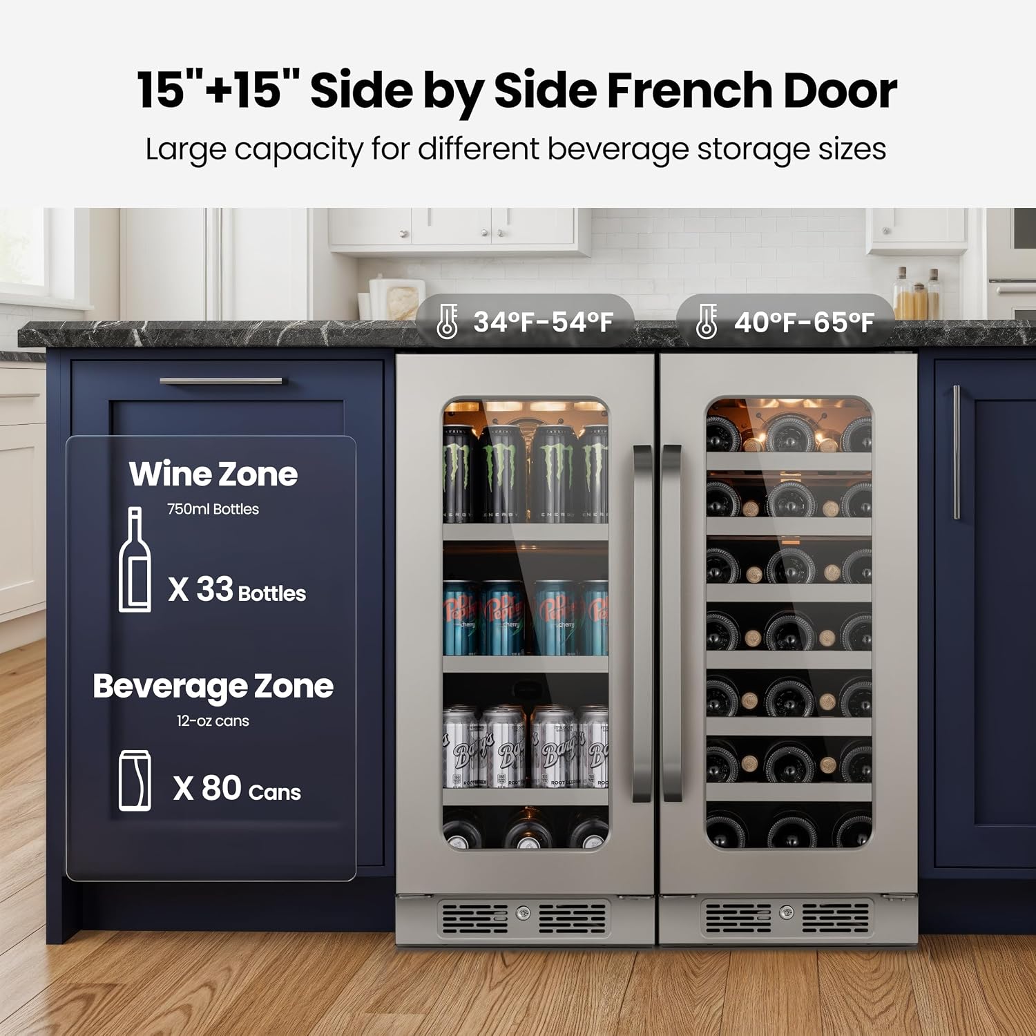 Whynter 80 Can & 33 Bottle Wine and Beverage Refrigerator, 30 Inch Wine Cooler Refrigerator Glass Door, 40-65°F Digital Temperature Control, Built-in or Freestanding for Home Bar Kitchen Office