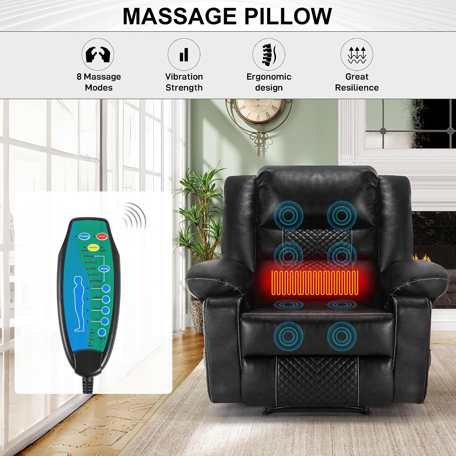 Massage Chair Recliner with Heat,Comfotable Lazy Boy Recliner Chair with 2 Side Pockets,Manual Recliners Chairs for Adults,Oversized Recliners Chairs for Big and Tall Man,Heavy Duty,PU Leather(Back)