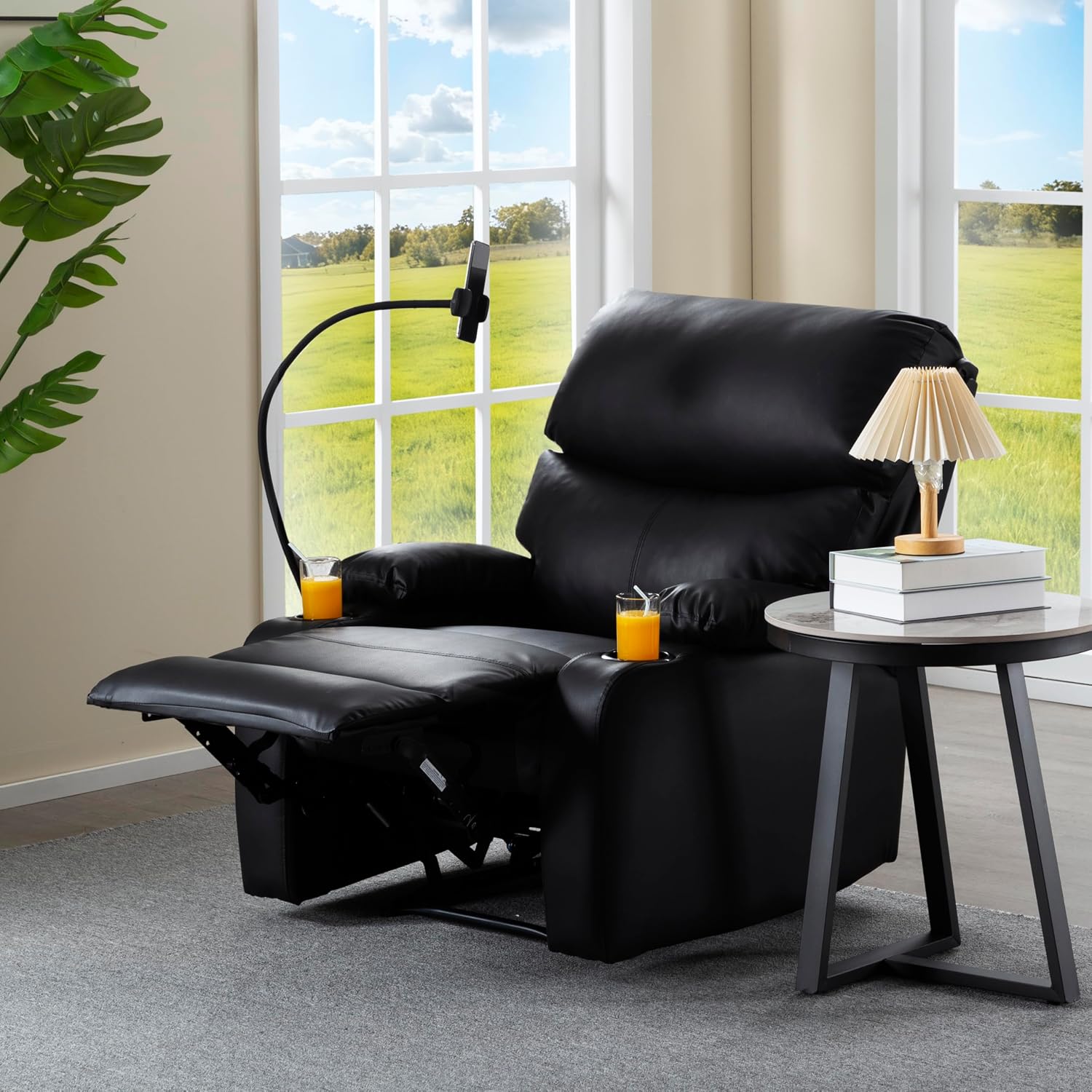 Recliner Chair, Oversized Reclining Chair with Phone Holder & 2 Cup Holders, Leather Wide Rocker Chair for Adults, Single Reclining Sofa Recliner for Living Room, Office, Theater Seating