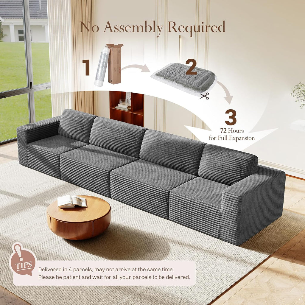 Vesgantti 159' Modular Sectional Sofa, Corduroy Cloud Couch with Extra Deep Seats & Spring Support, Flexible Layout 4-Seater Boneless Couch, No Assembly Required, Grey