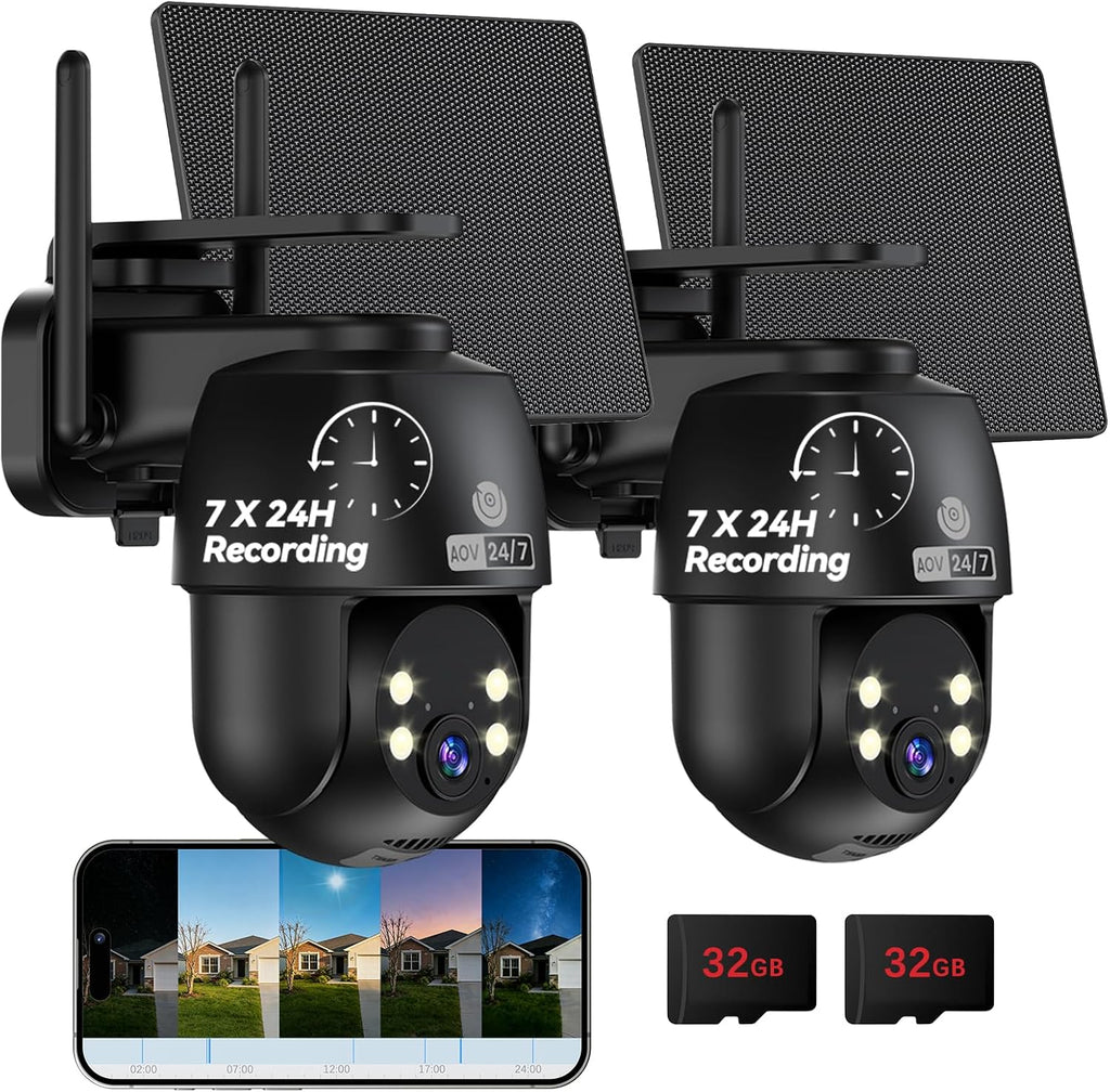 MUBVIEW 24/7 Continuous Recording Wireless Outdoor Security Camera, 2.4G WiFi, 2K Solar Powered, 360° PTZ, Auto Tracking, SD Included, Optional Cloud Storage, AI Detection, Night Vision(Black,2 Packs)