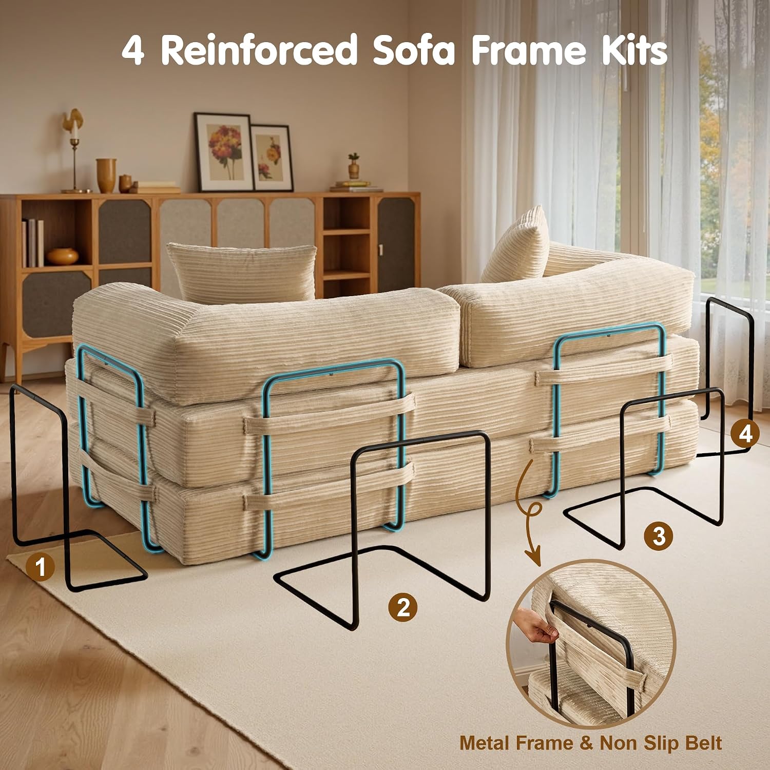 81″ Convertible Sleeper Sofa Bed with Pillows, Corduroy Foldable Mattress Couch with Fixed-Shape Frame, Futon Sofa Bed, Boneless Couch for Living Room Bedroom Lounge Studio, Beige